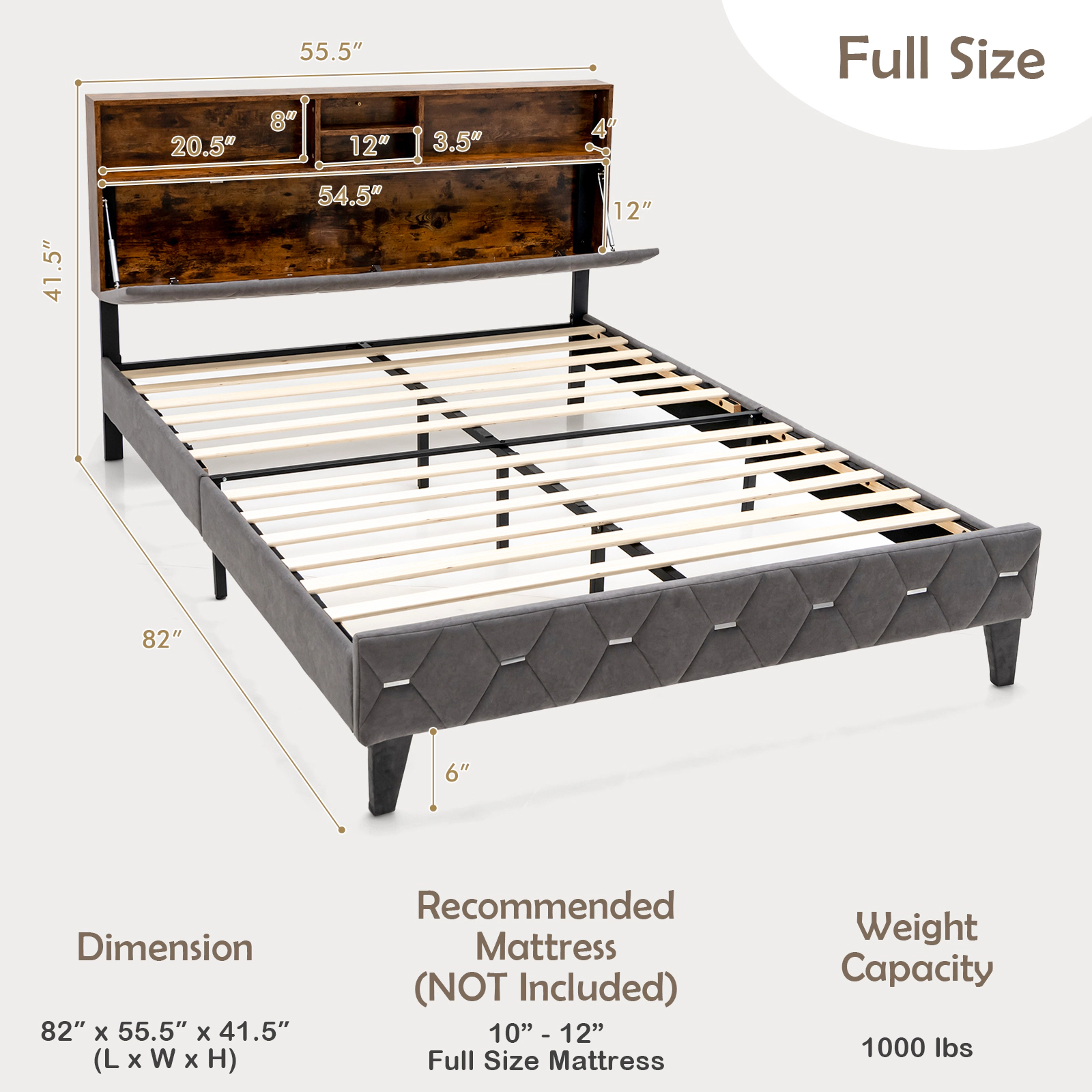 SUGIFT Full/Queen Size Upholstered Bed Frame with Storage Headboard 1000-lb Capacity Rustic Brown + Gray