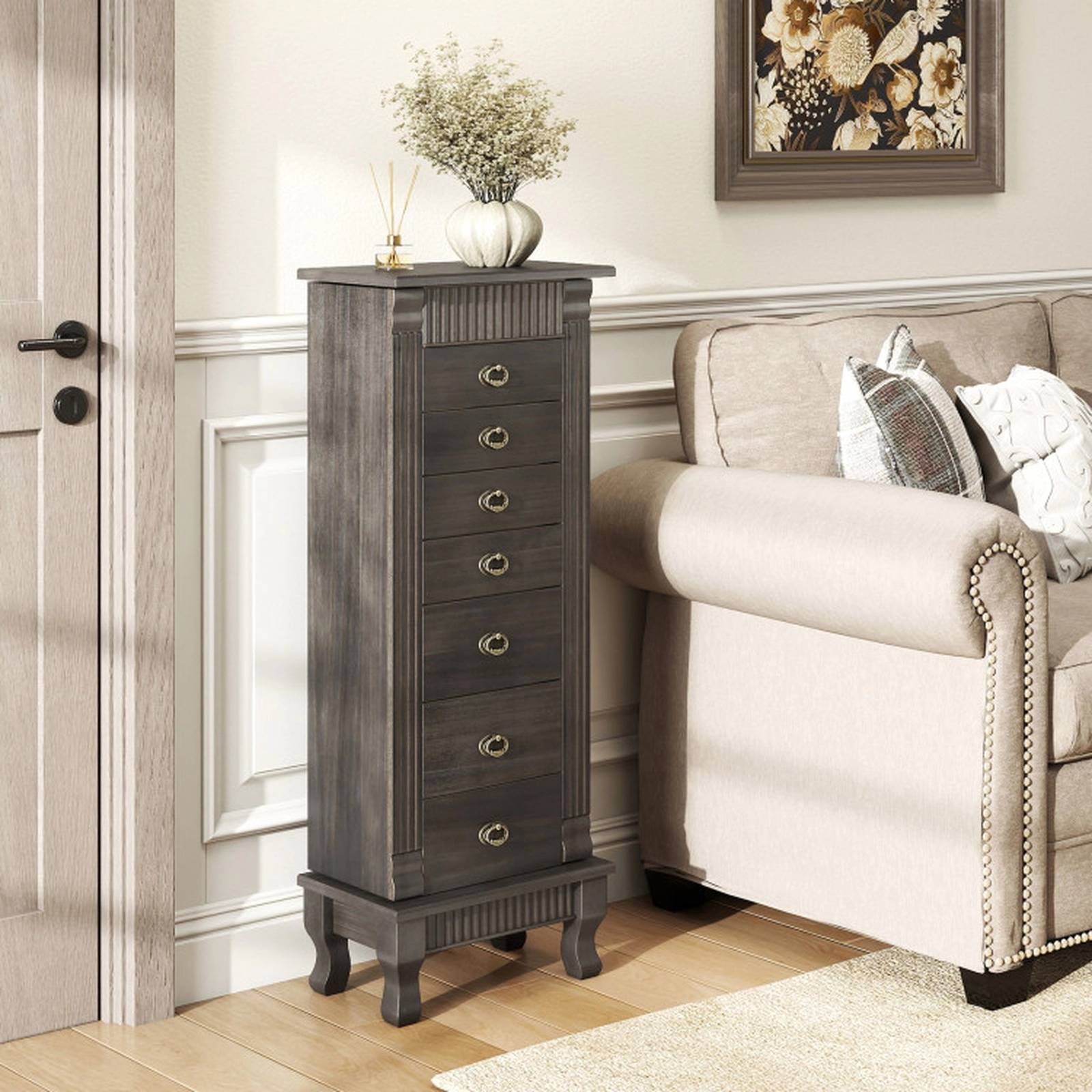 SUGIFT Gray Freestanding Jewelry Armoire with 7 Drawers, 2 Swing Doors and Mirror
