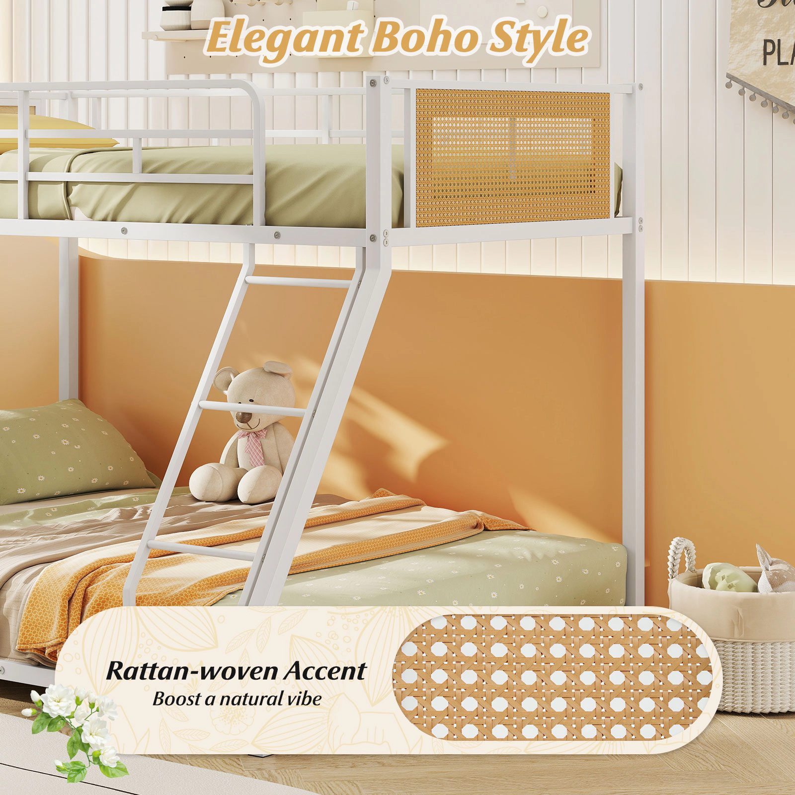 SUGIFT Metal Twin-Over-Full Bunk Bed with Guardrail and Ramp Ladder 250-lb Upper 350-lb Lower Capacity White