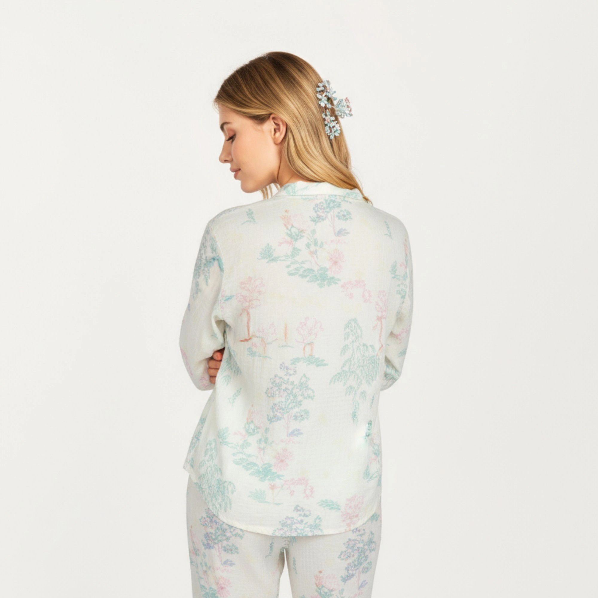 Anna-Kaci Women's 2-Piece Long Sleeve Button Front Top and Relaxed Fit Pants Pajama Set with Pastel Print