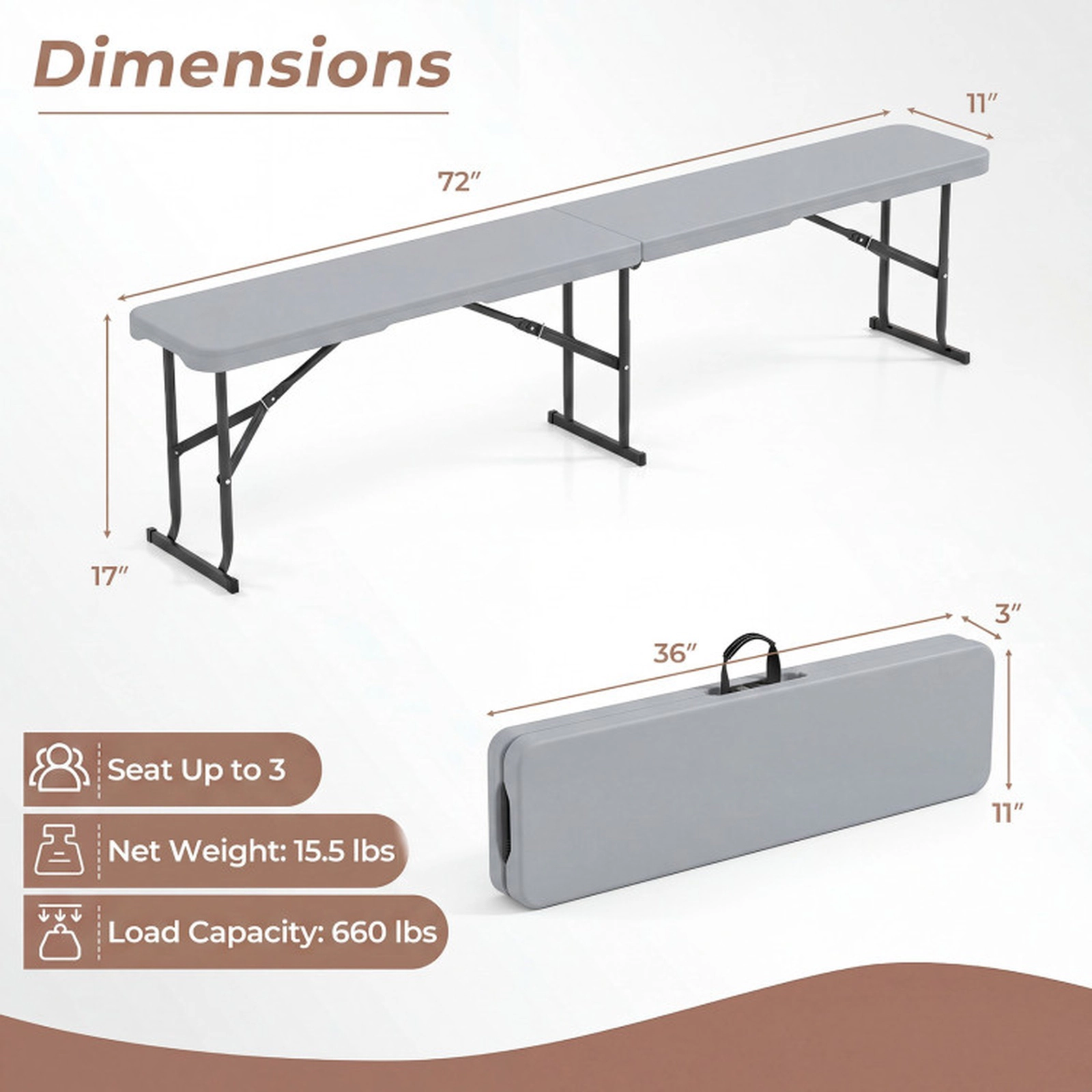 SUGIFT 6-Foot Plastic Folding Bench Picnic Camping Dining Seat 660-lb Capacity with Carrying Handle Light Gray