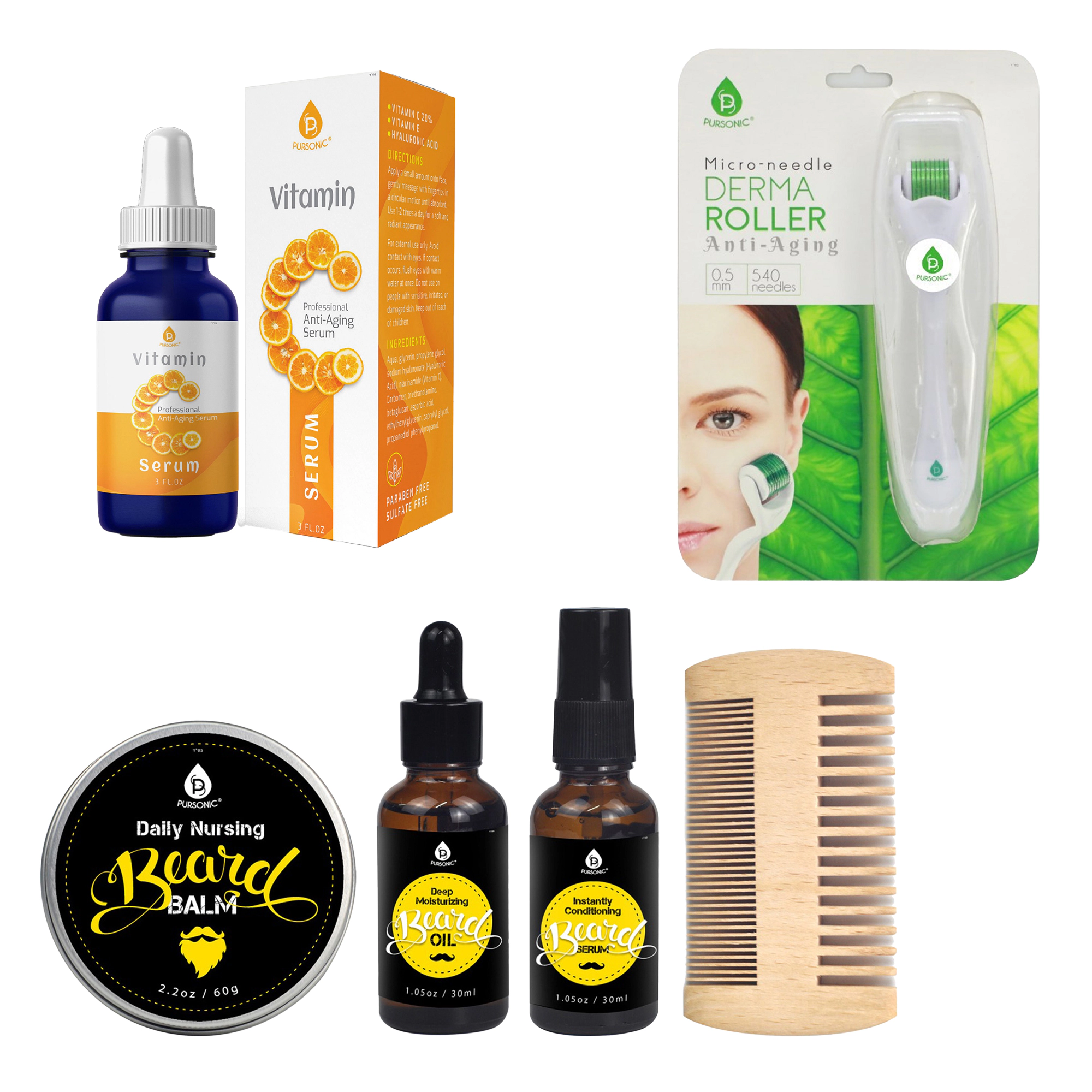 Pursonic Men's Grooming & Skincare Gift Bundle: Beard Care Grooming Kit, Micro Needle Derma Roller 0.5 mm & Vitamin C Serum