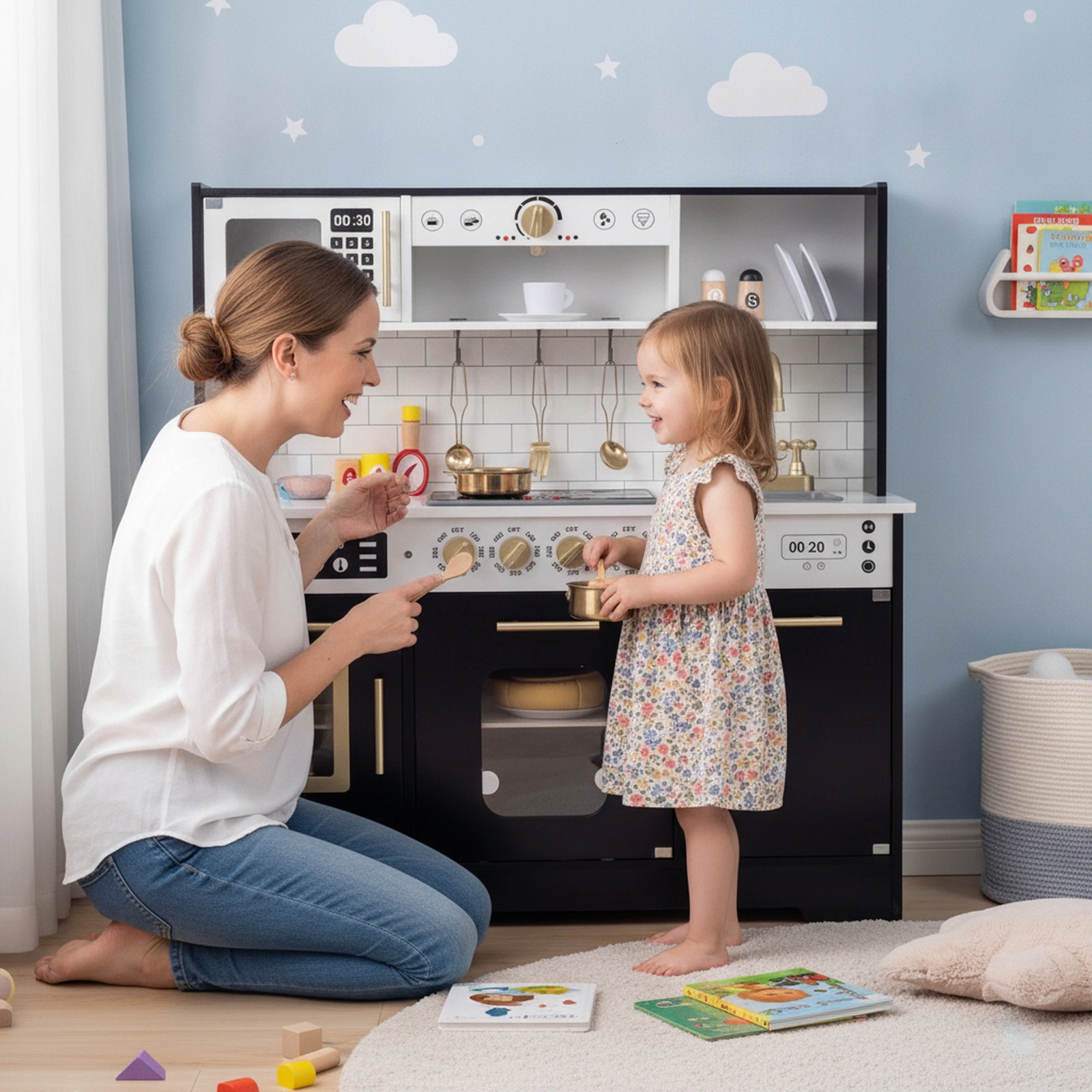 Wooden Play Kitchen for Kids Lighted Stoves Ice Maker Coffee Maker Dishwasher Clock 33.5-in x 11.5-in x 34.5-in Black