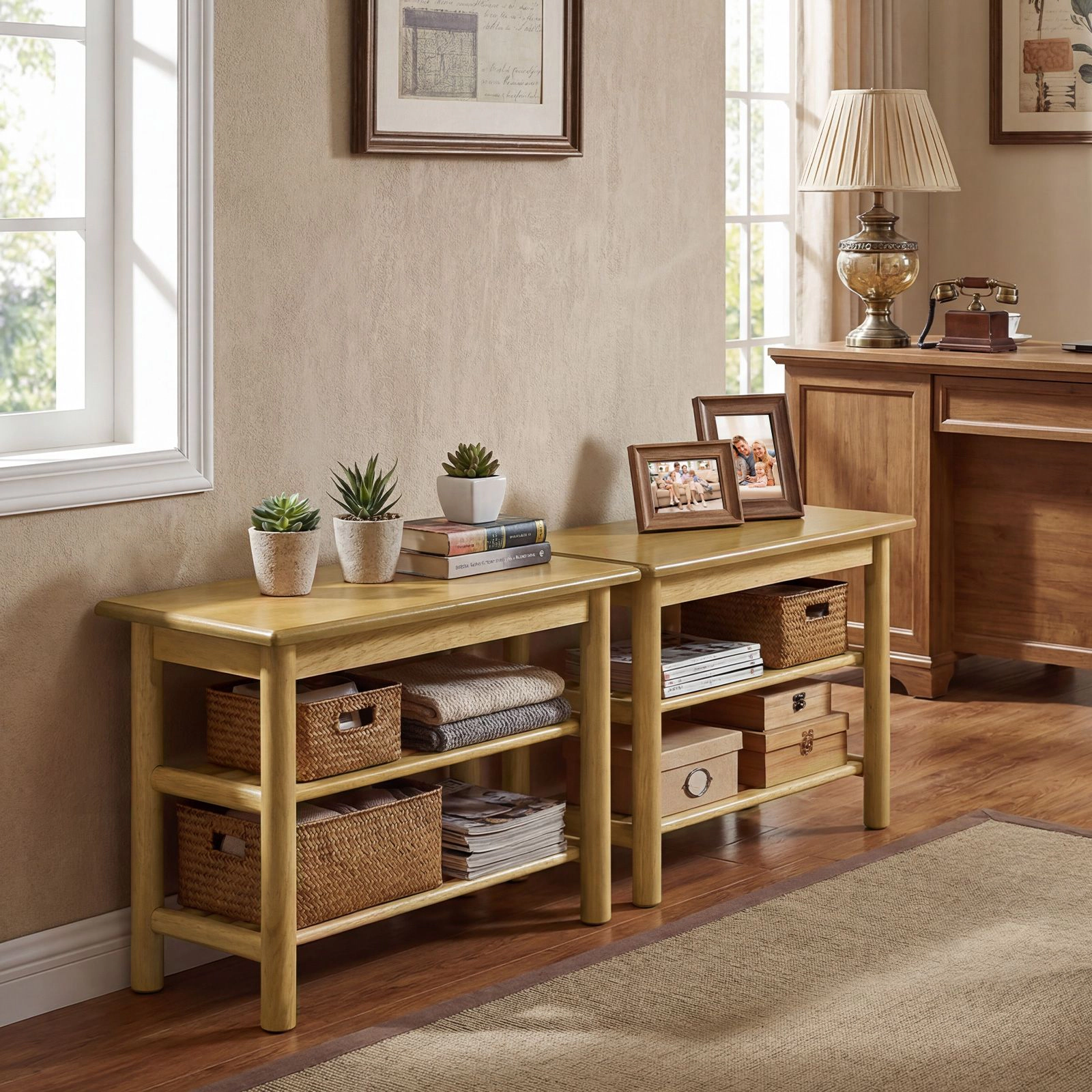SlickBlue Wooden Shoe Bench with 2-Tier Storage Shelves and Seat