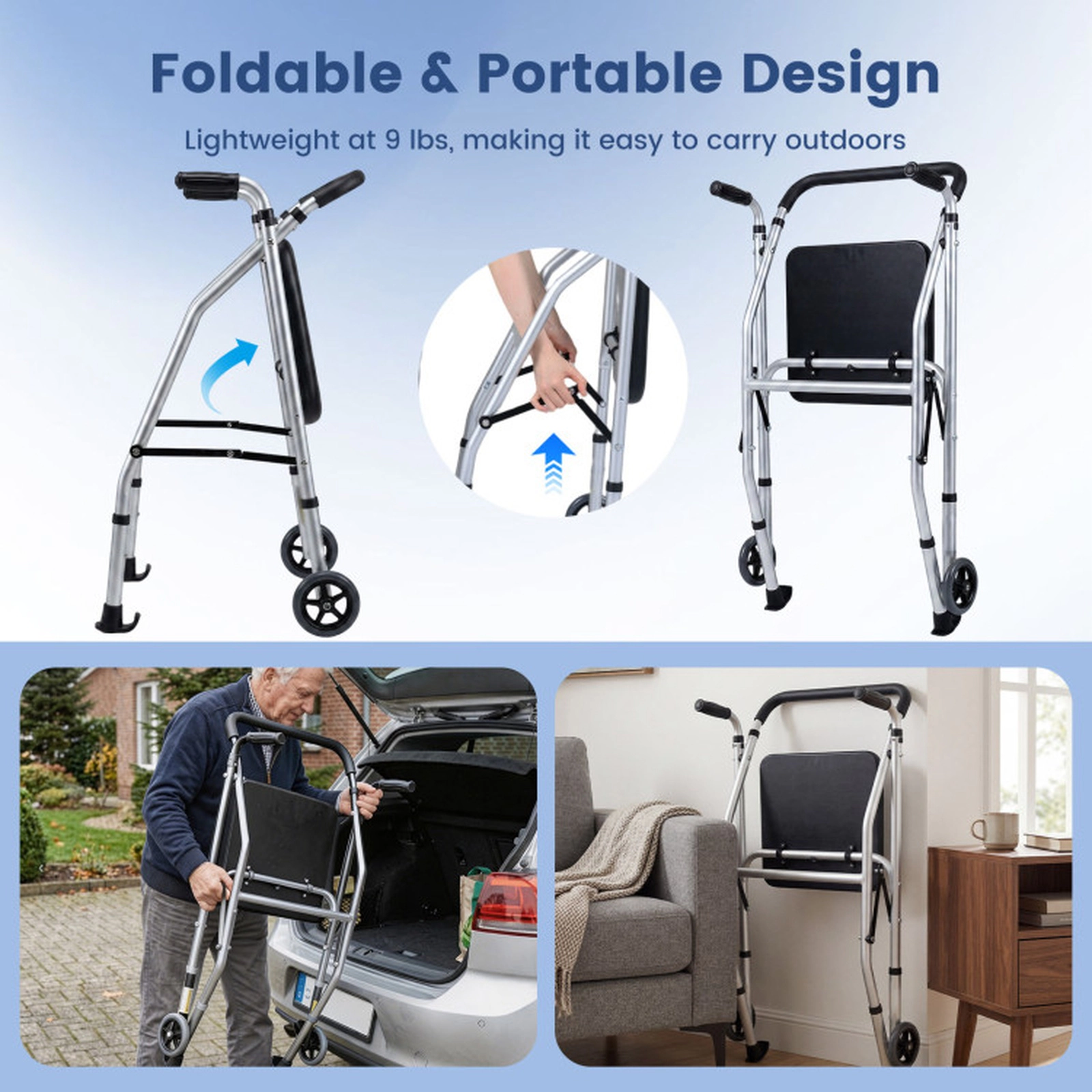 SUGIFT Lightweight Folding Walker Chair with Padded Seat 220-Lb Capacity 5-Level Height Adjustable Black/Silver