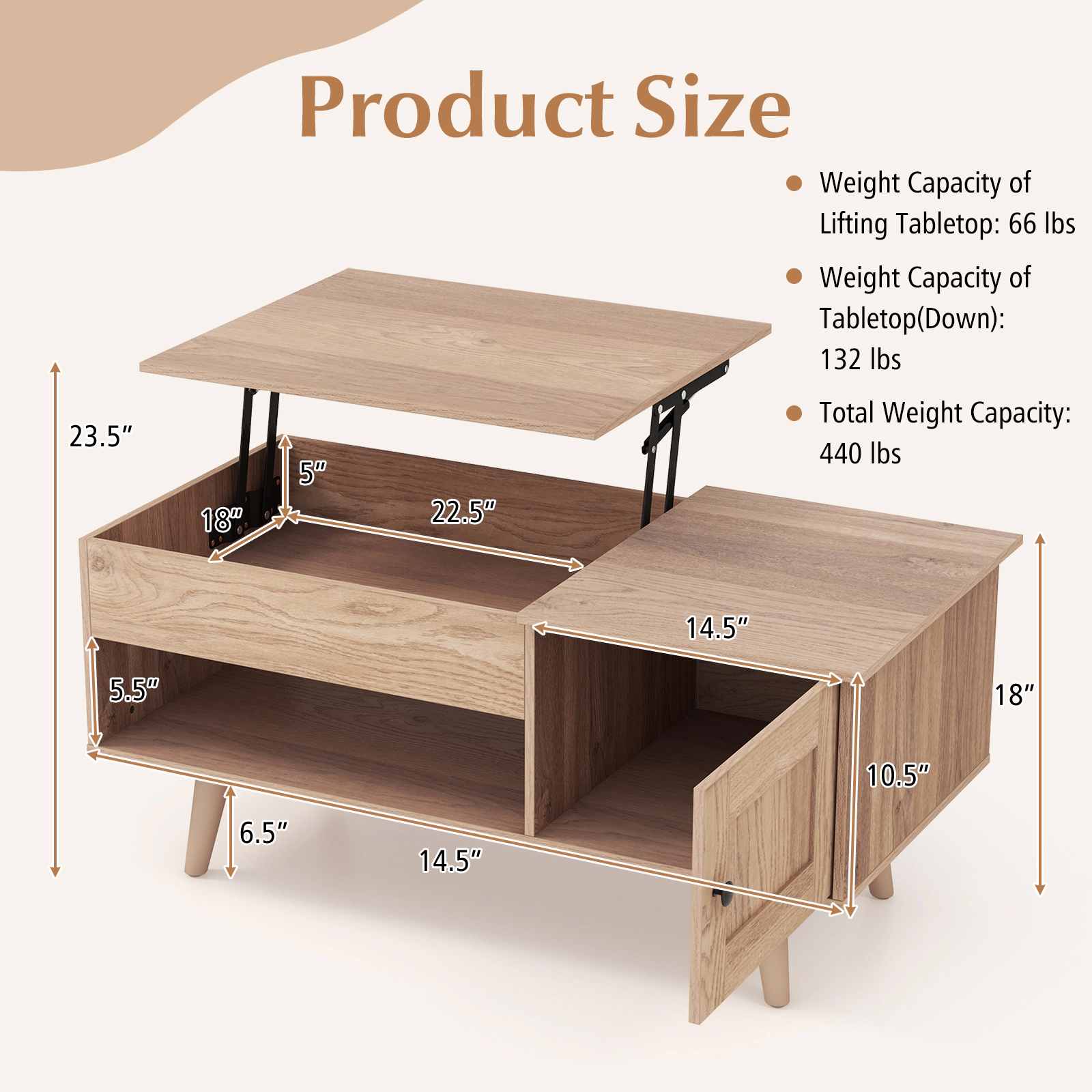 SUGIFT 39.5-in Natural Convertible Writing Desk Coffee Table with Lifting Top Soft-Close Cabinet and Cubbies