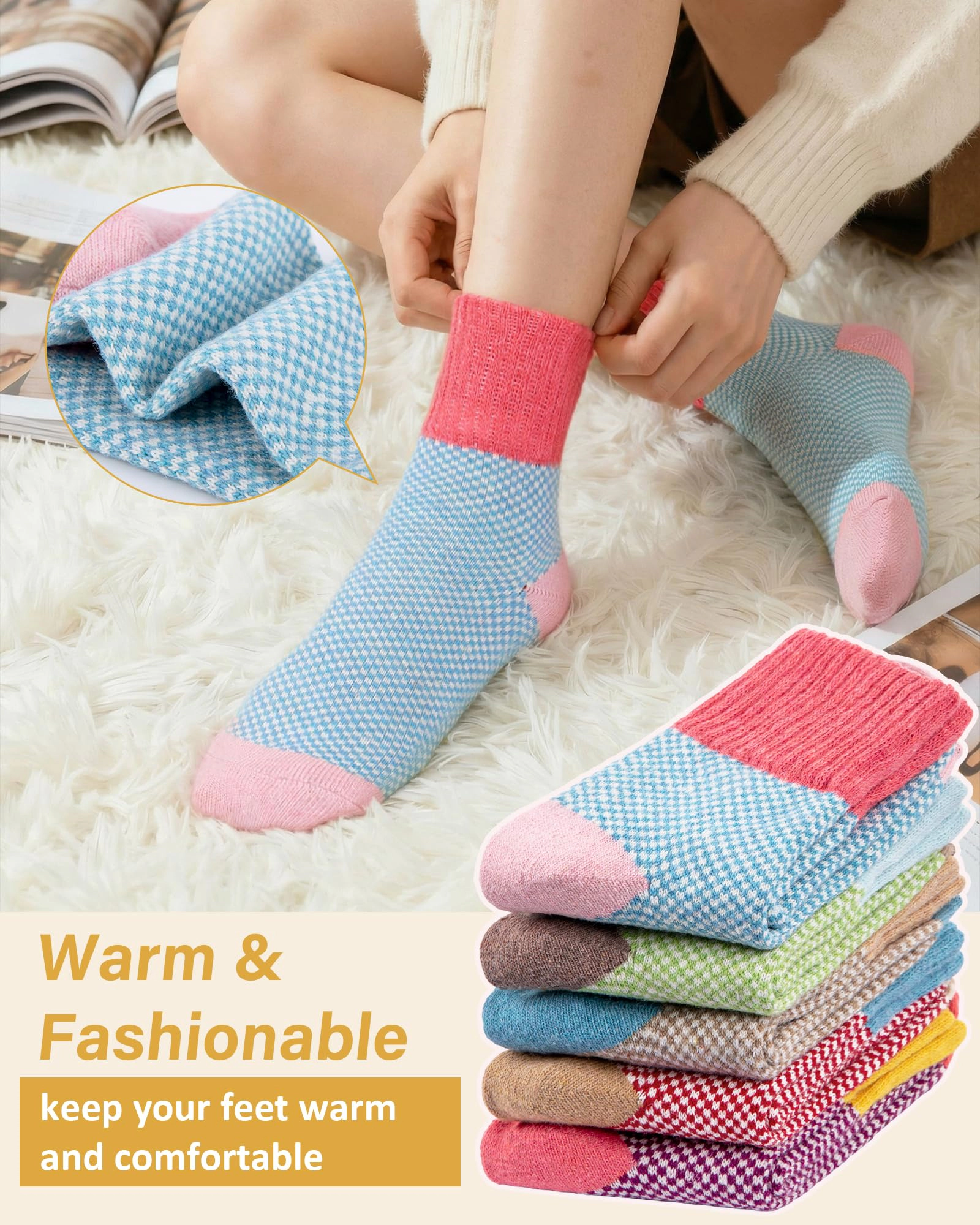 Wardrobe Whimsy 5 Pairs Women Winter Warm Wool Crew Socks Cozy Socks