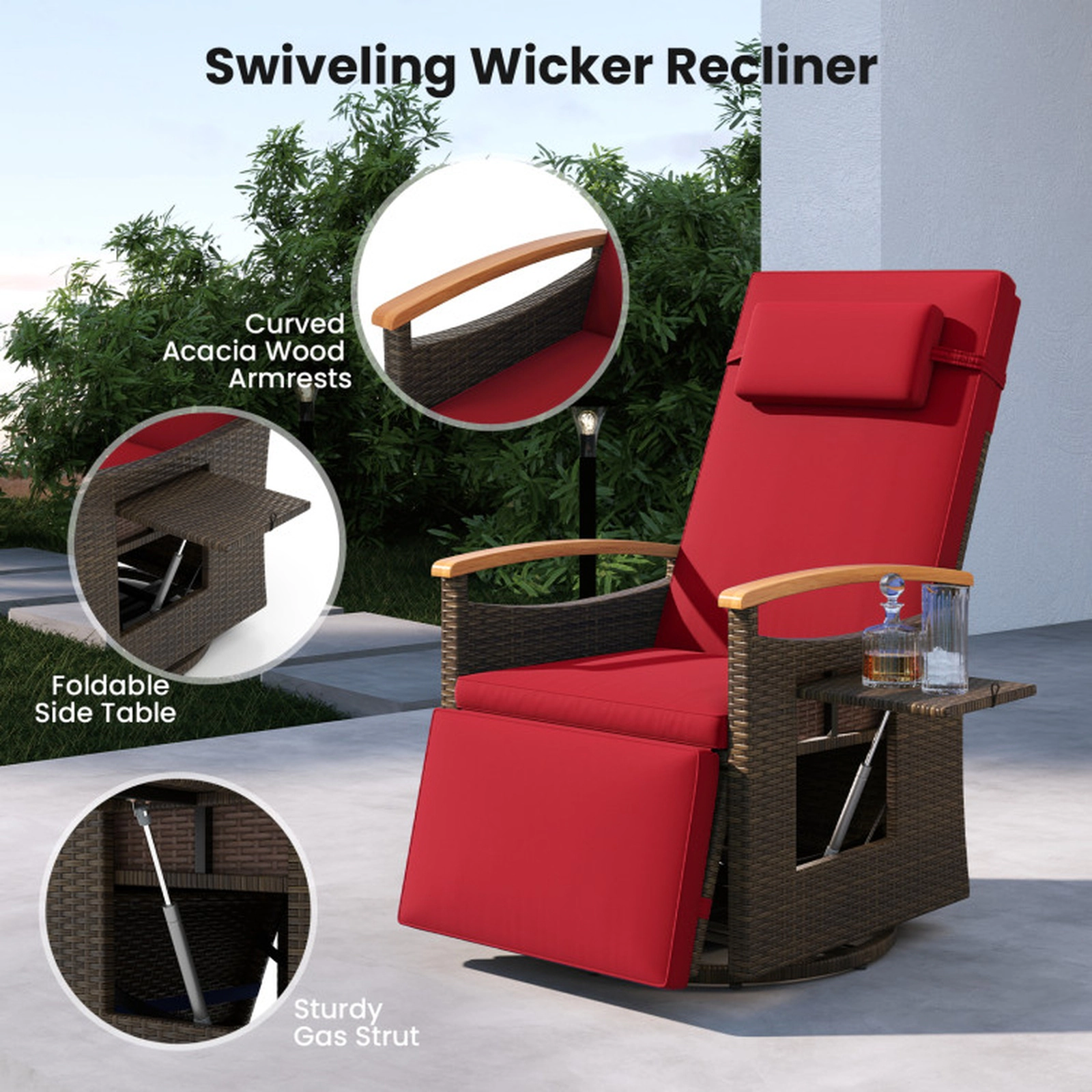 SUGIFT Patio Rattan 360° Swivel Recliner Chair with Adjustable Backrest and Footrest 400-lb Capacity 54-in Deep Red
