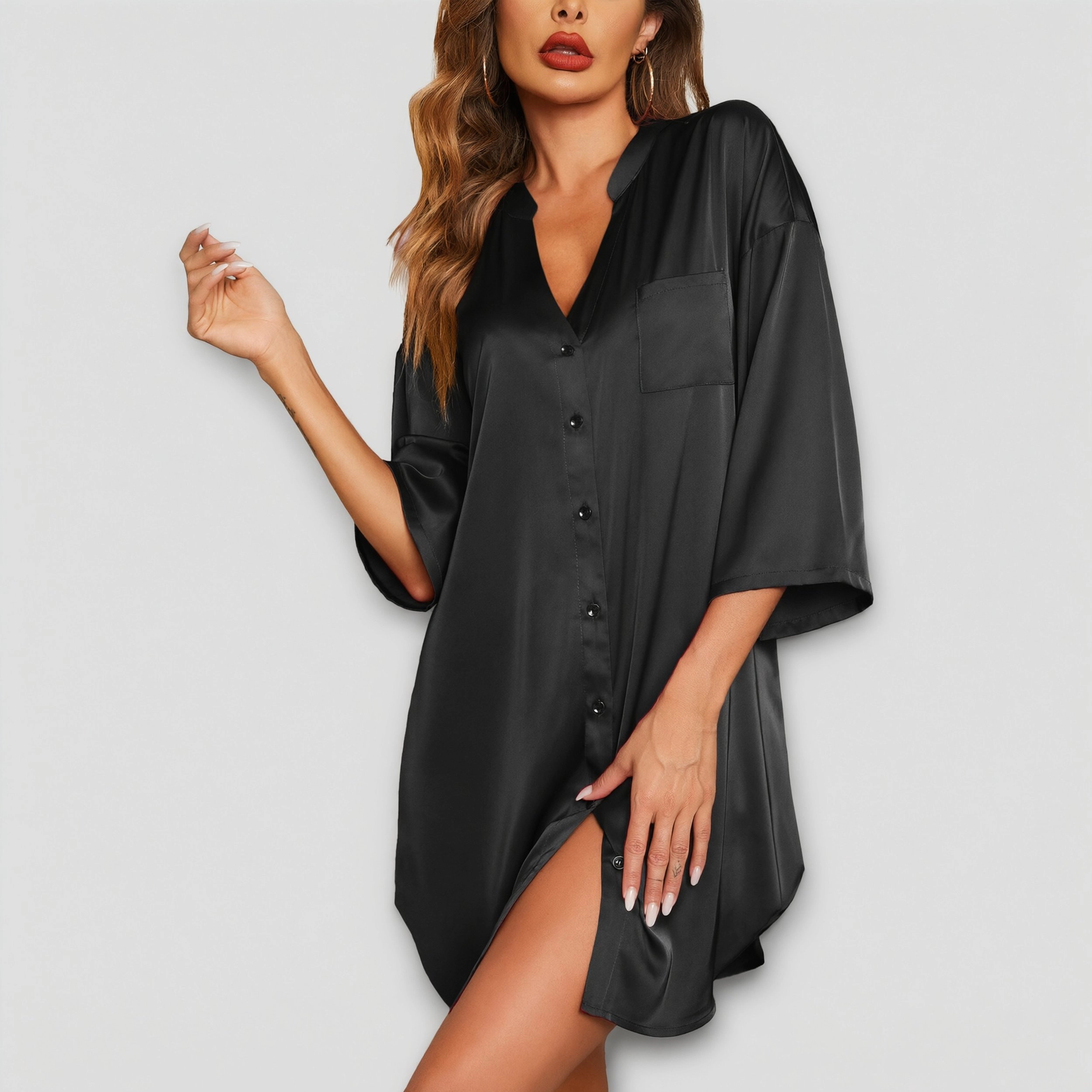 Ekouaer Sleepshirt Women V Neck Satin Nightgown Cute Boyfriend Button Night Shirt Soft Loose Sleep
