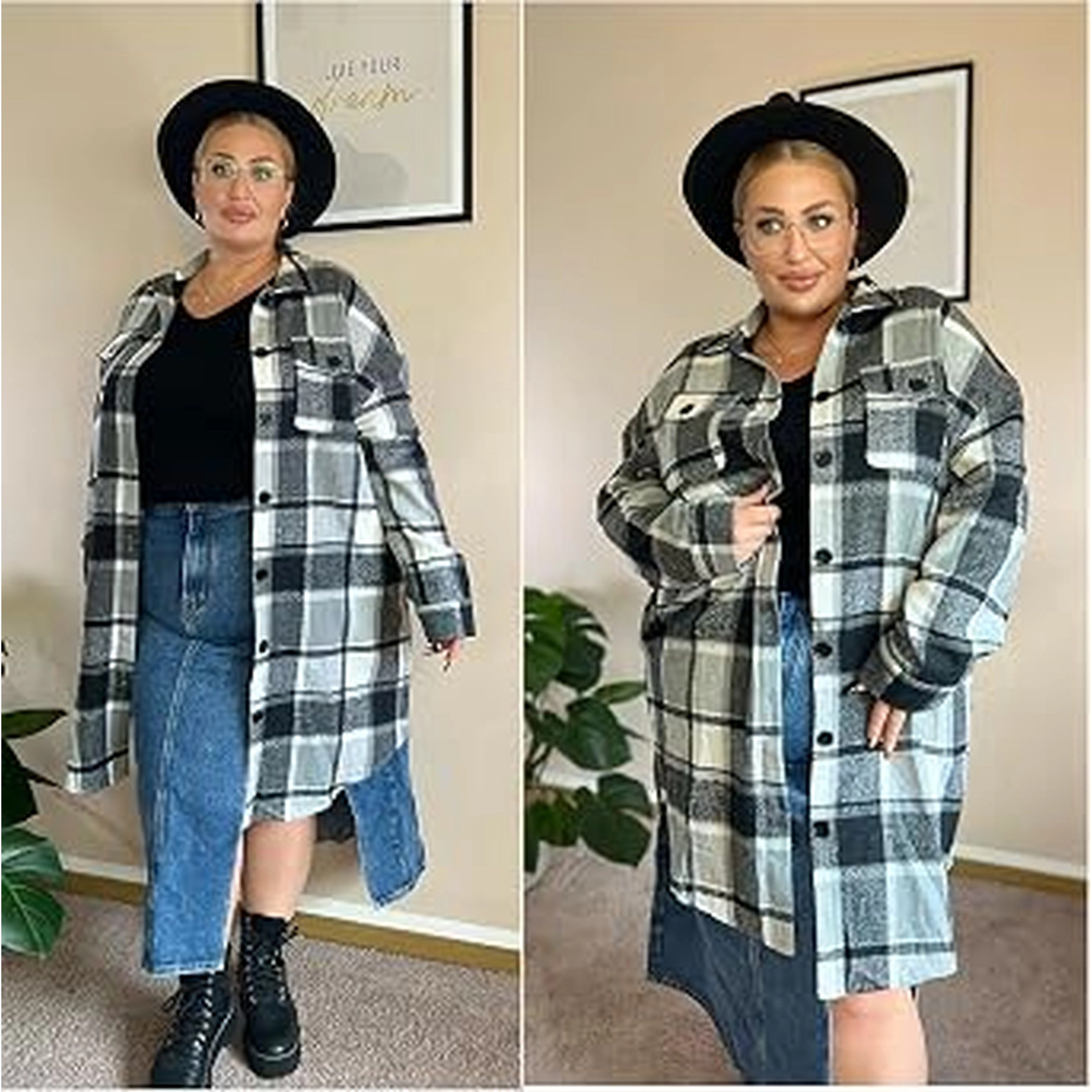 Zeagoo Women's Flannel Plaid Button Down Shirts Long Sleeve Lapel Shacket Jacket Coats