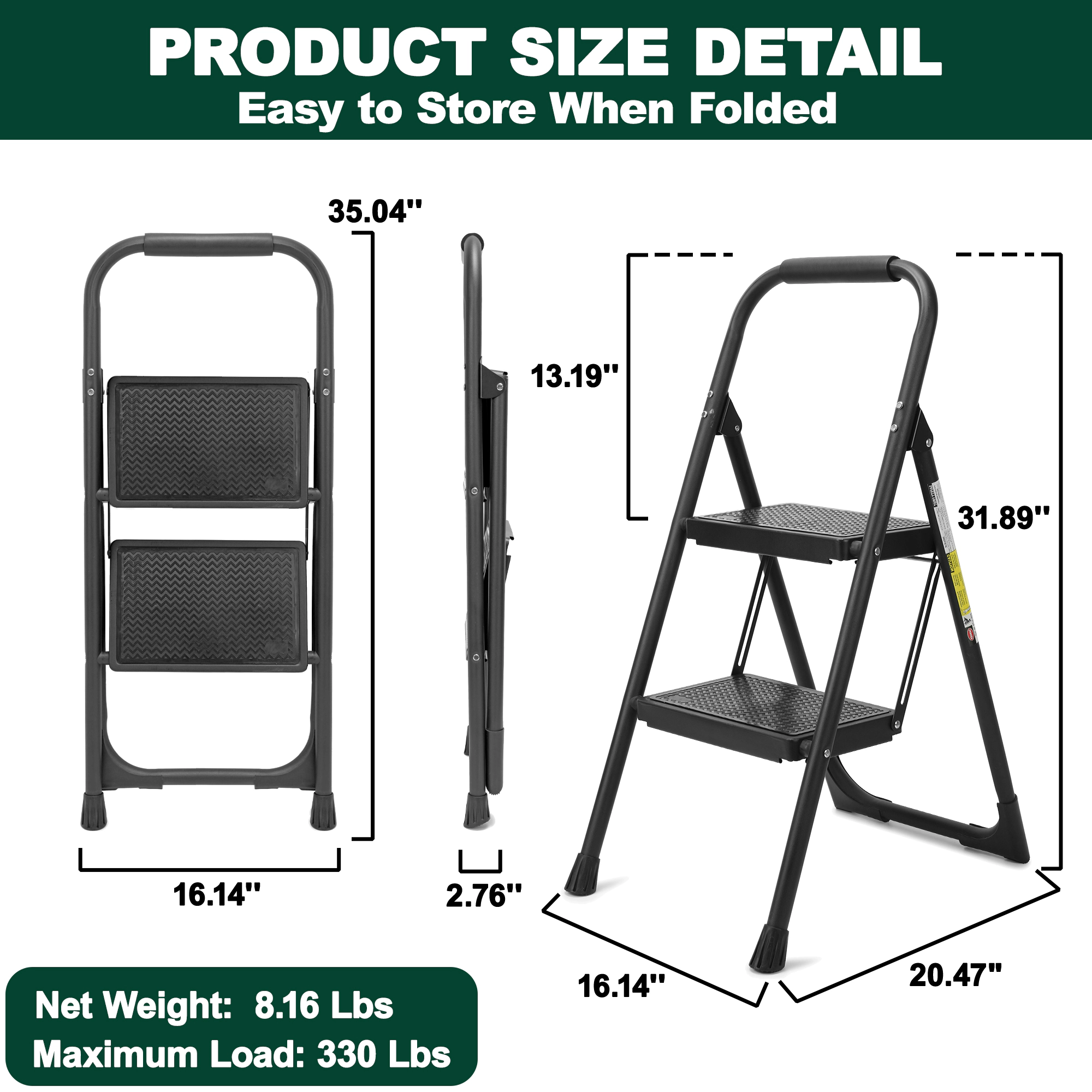 Flynama Step Ladder- 330lb Capacity Steel Foldable Step Stool (Black