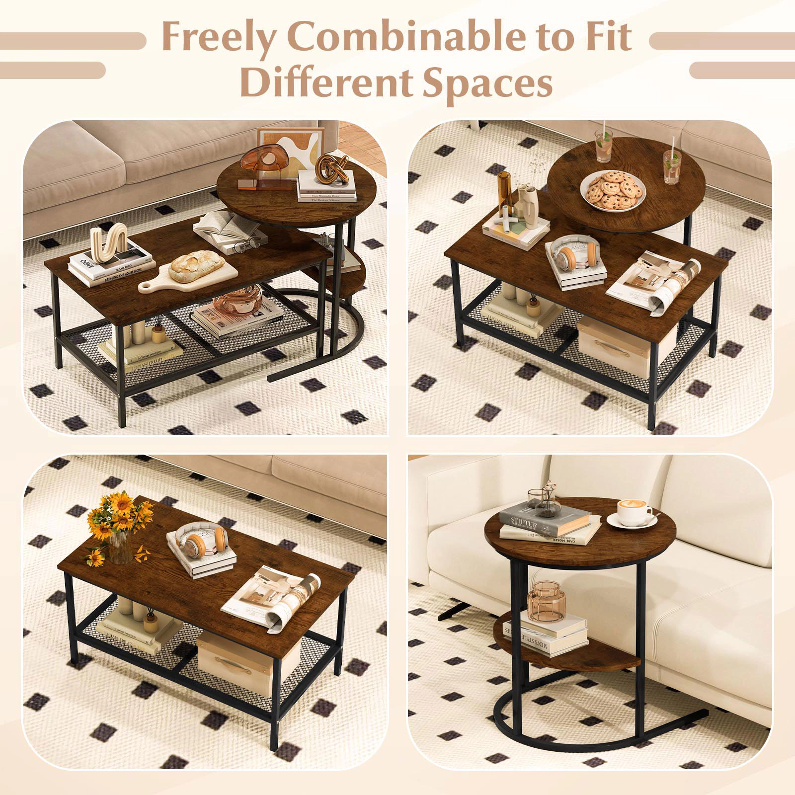 Glintex 2-Piece Coffee Table and End Set with Mesh Curved Shelves