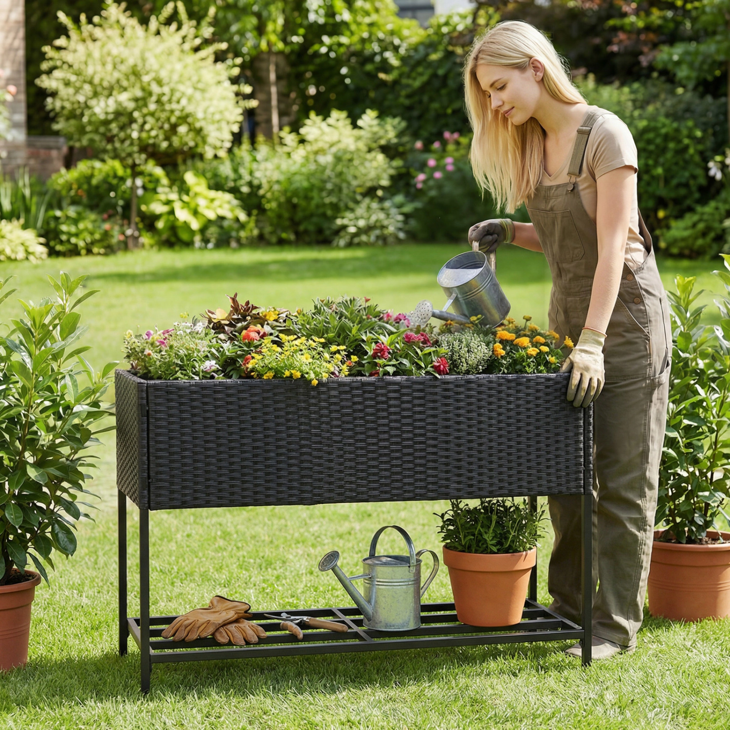 LJG Raised Wicker Garden Bed with Storage Shelf and Removable Liner