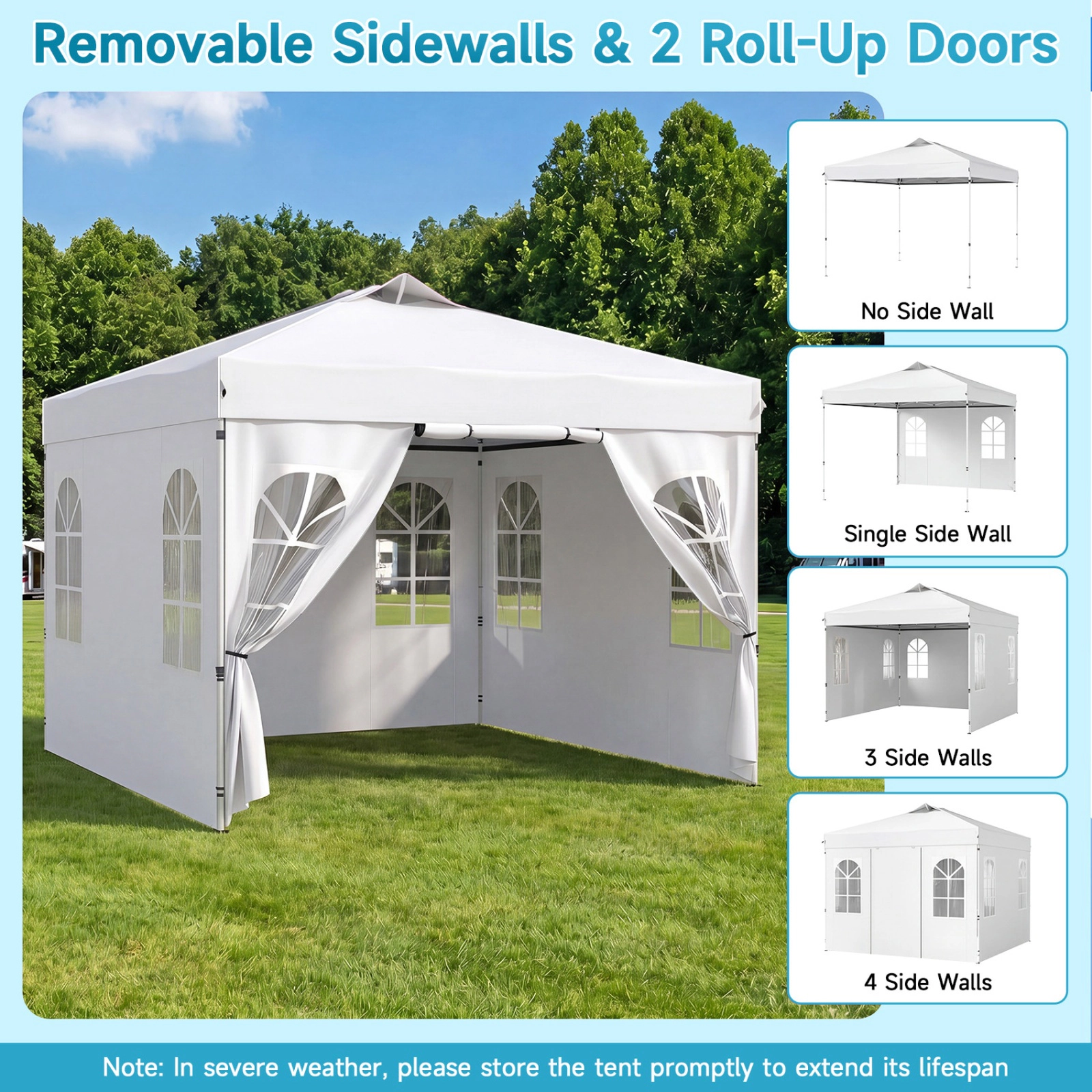 SUGIFT White Reflective Pop Up Canopy Tent with 4 Zip On Sidewalls and 9 Ground Stakes 10-ft W 10-ft D 8.5-ft H