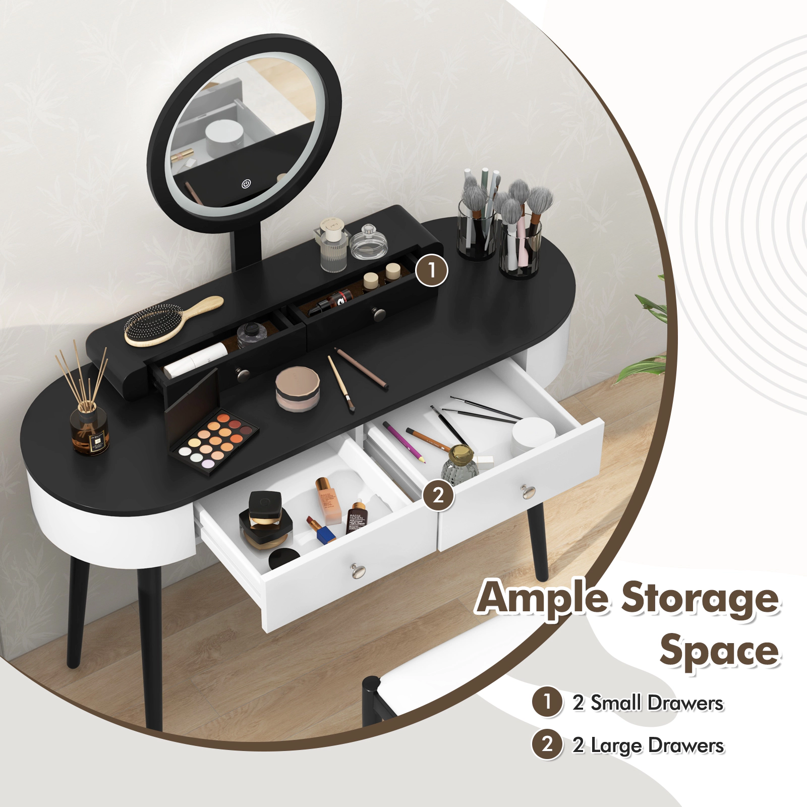 SUGIFT Makeup Vanity Table Set White and Black with Round LED Mirror and 3 Drawers