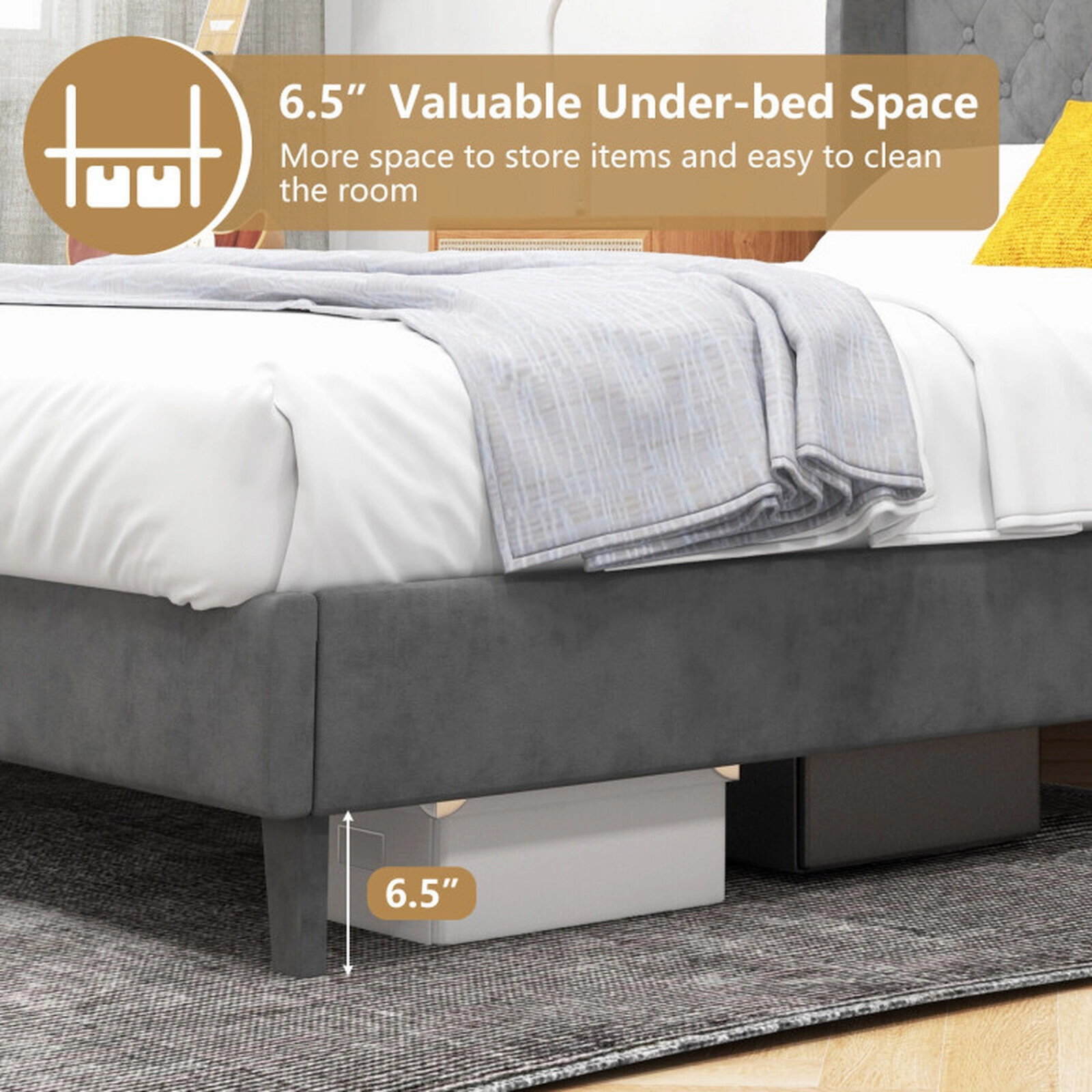 SUGIFT Full/Queen Upholstered Platform Bed Frame with Button Tufted 44-in Headboard 1000-lb Capacity Gray