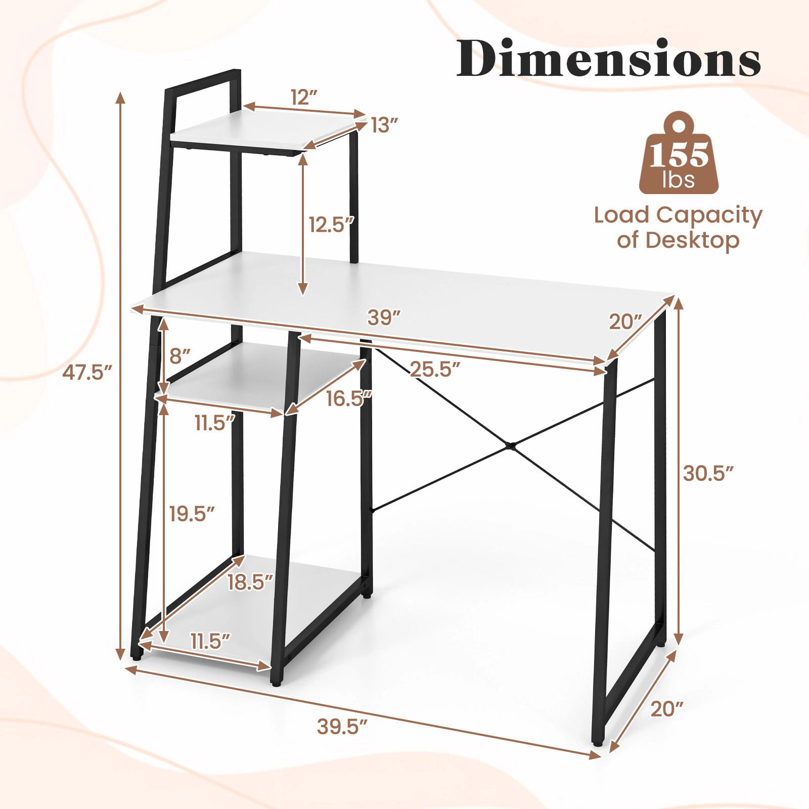 SUGIFT Compact Computer Desk Workstation with 4-Tier Shelves 155-lb Desktop Capacity White & Black