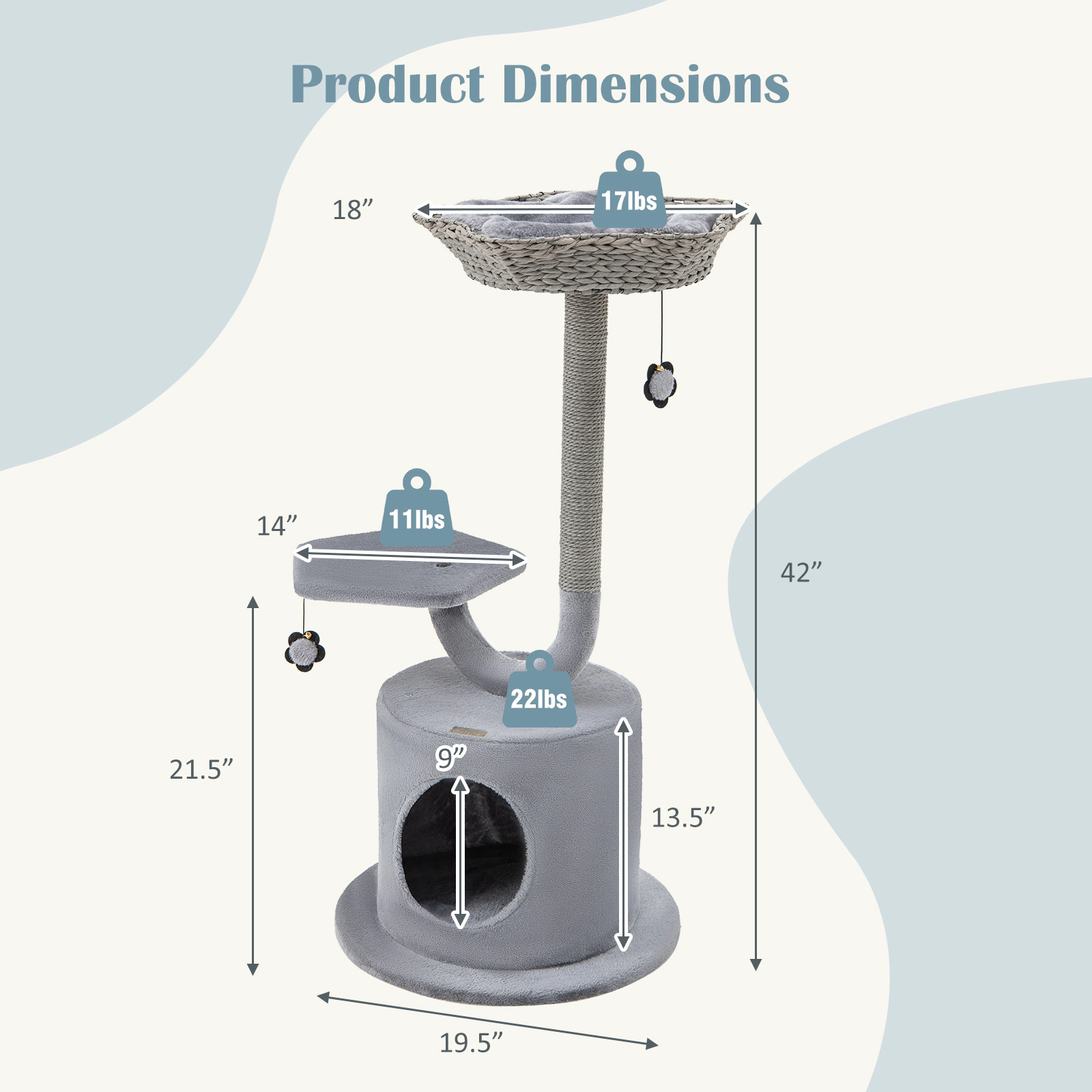 SUGIFT 42 in Cat Tower Gray 3-Tier with Curved Metal Frame Top Perch and Private Condo