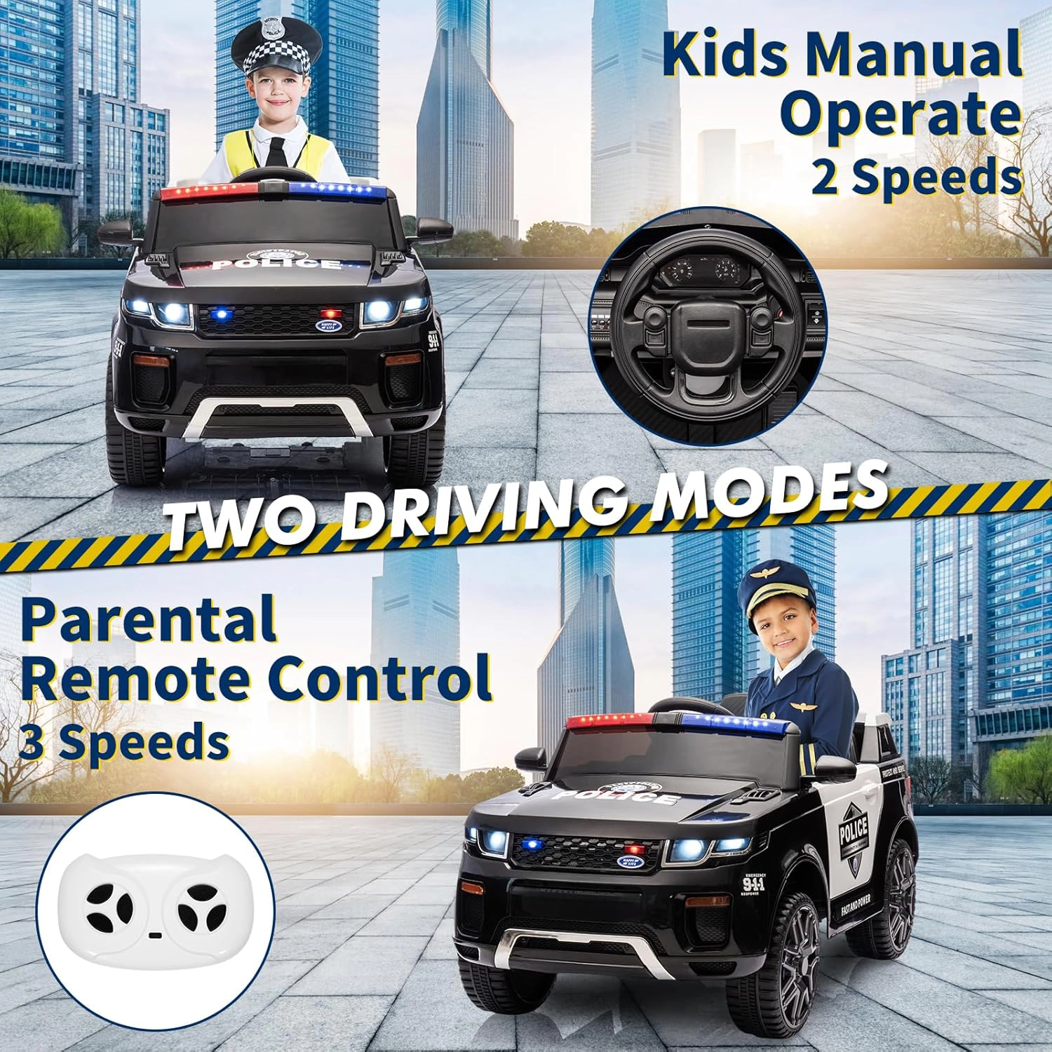 12V Kids 2-Seater Ride On Police Car w/ Remote, Flashing Lights, Megaphone, Music, Suspension & Handle for 3-8
