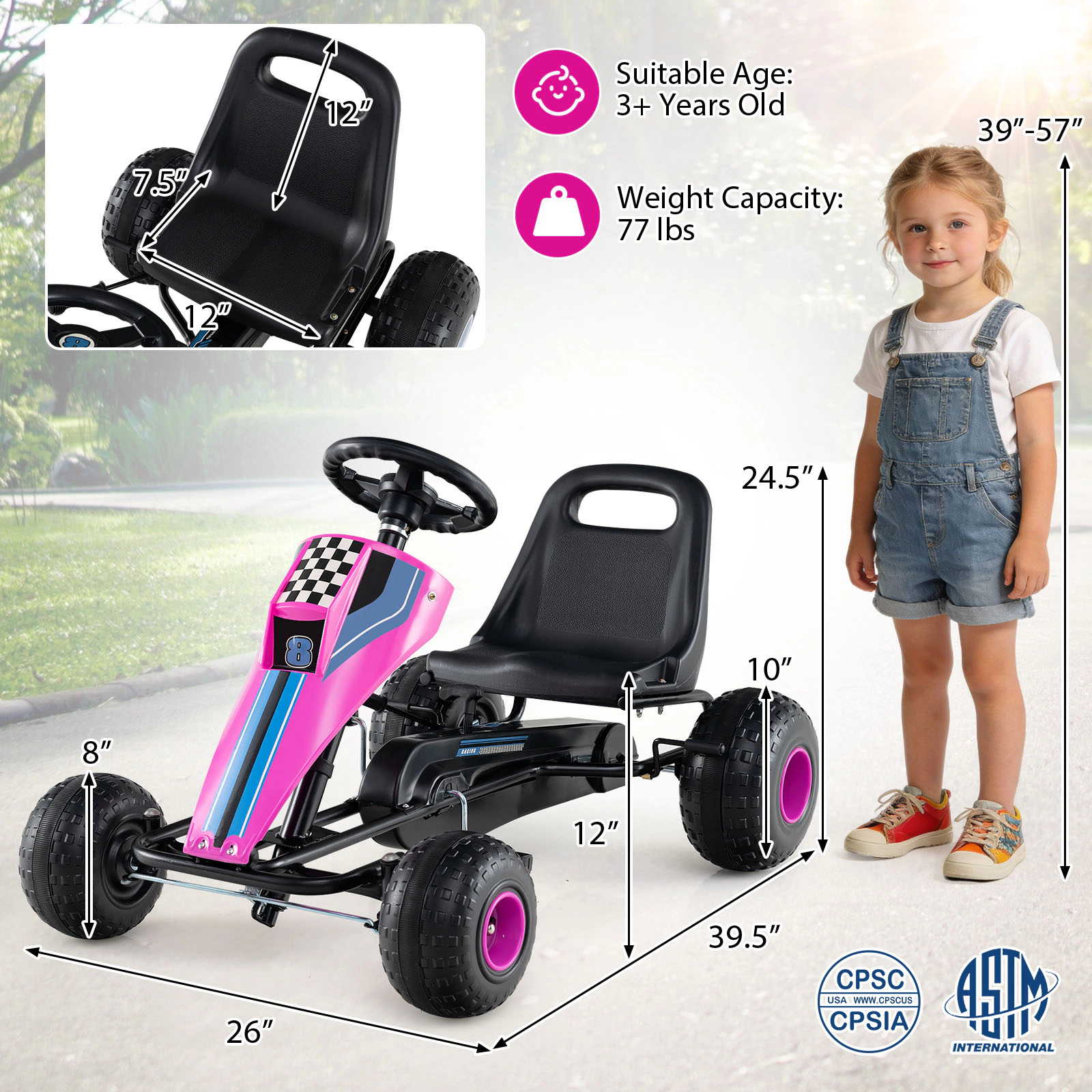 SUGIFT 4-Wheel Ride On Toy Pedal Go Kart with Steering Wheel and Safe Handbrake 77-lb Capacity Ages 3+ Pink/White