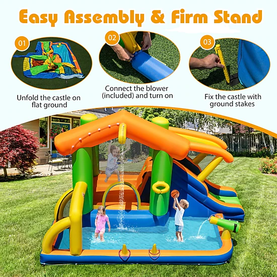 SUGIFT 8-in-1 Inflatable Bounce House Water Park with Climbing Wall Water Cannon and Splash Pool