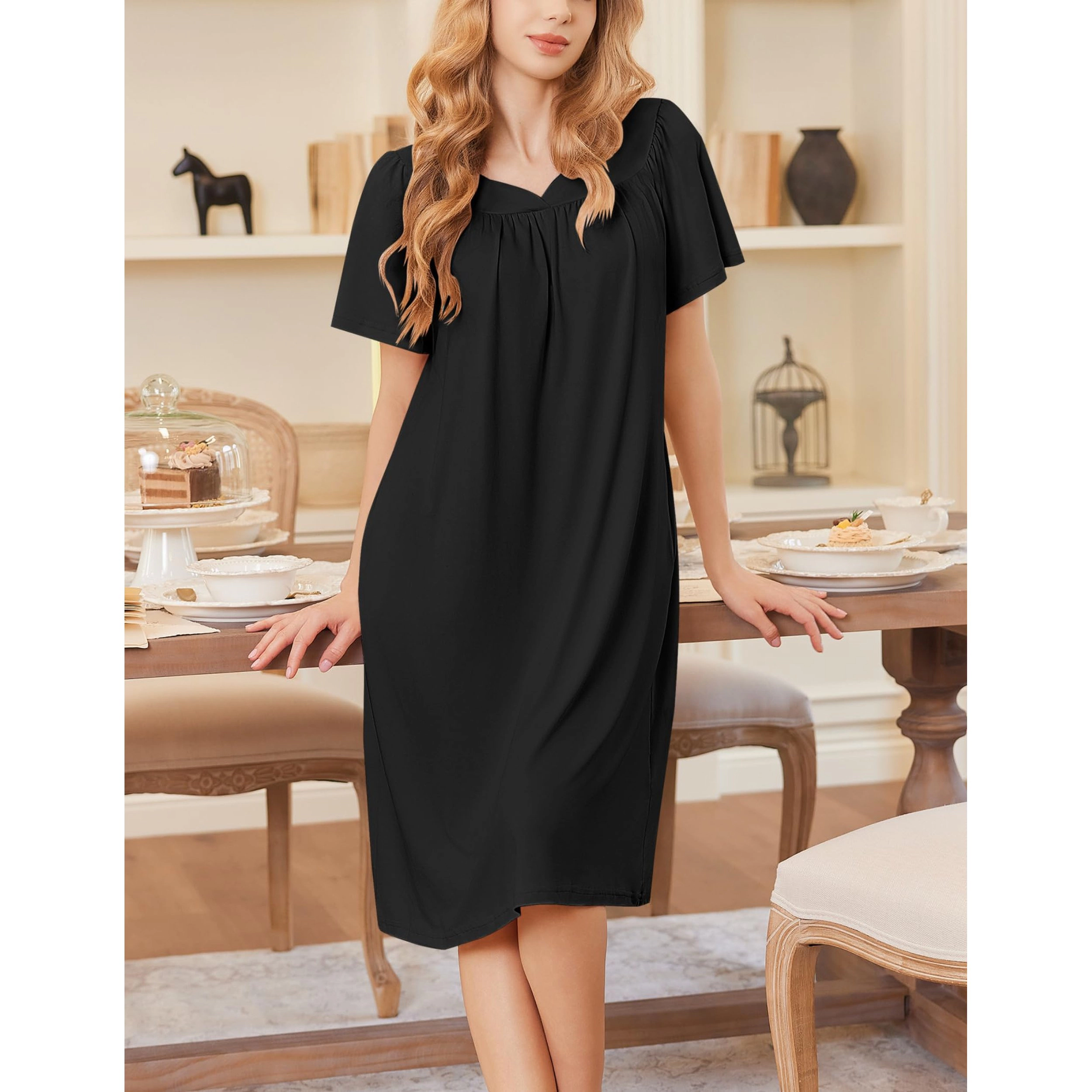 Ekouaer Nightgowns Short Sleeve House Dress Moomoo Pleated Mumu Dresses V Neck Sleepwear