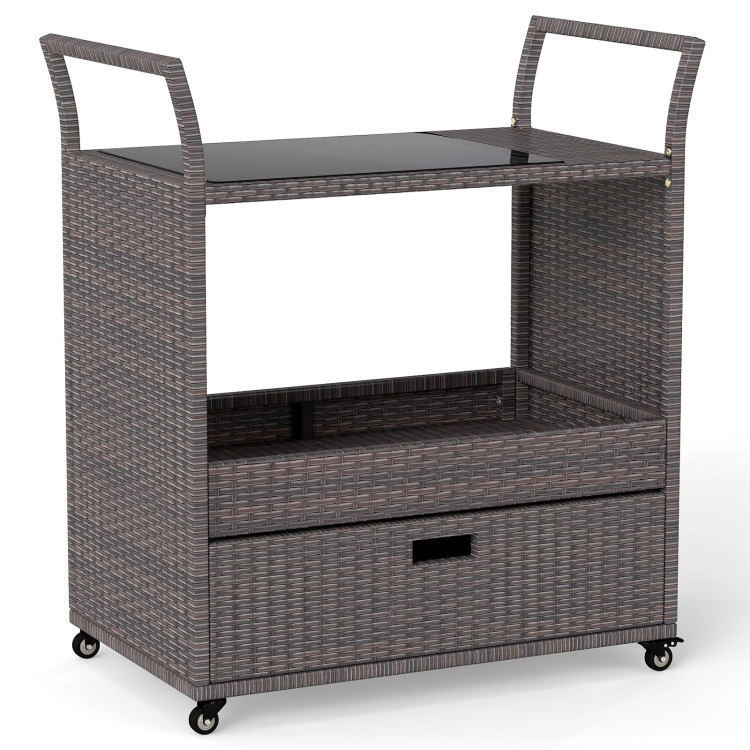 Hivvago Outdoor Wicker Bar Cart Table with Tempered Glass Top
