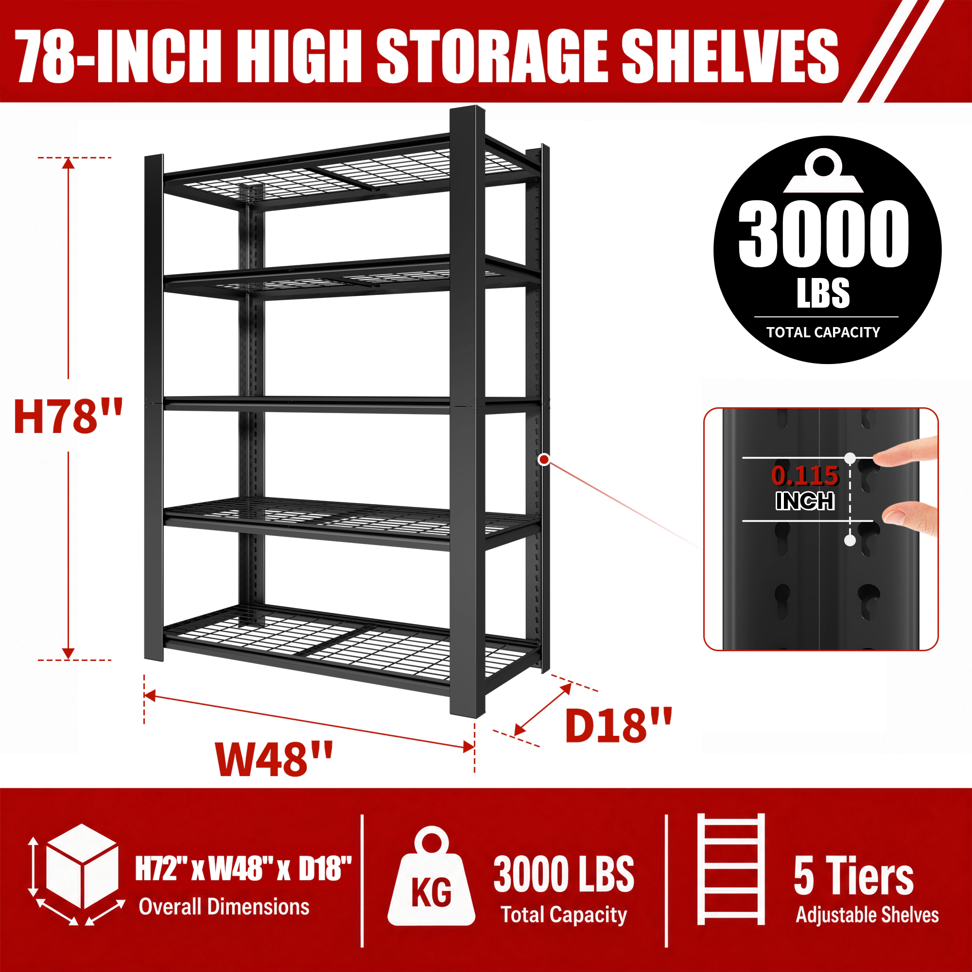 Flynama 5-Tier Metal Mesh Storage Rack, 48x18x78in, 3000lbs Heavy Duty Shelf Organizer for Pantry, Garage, Kitchen