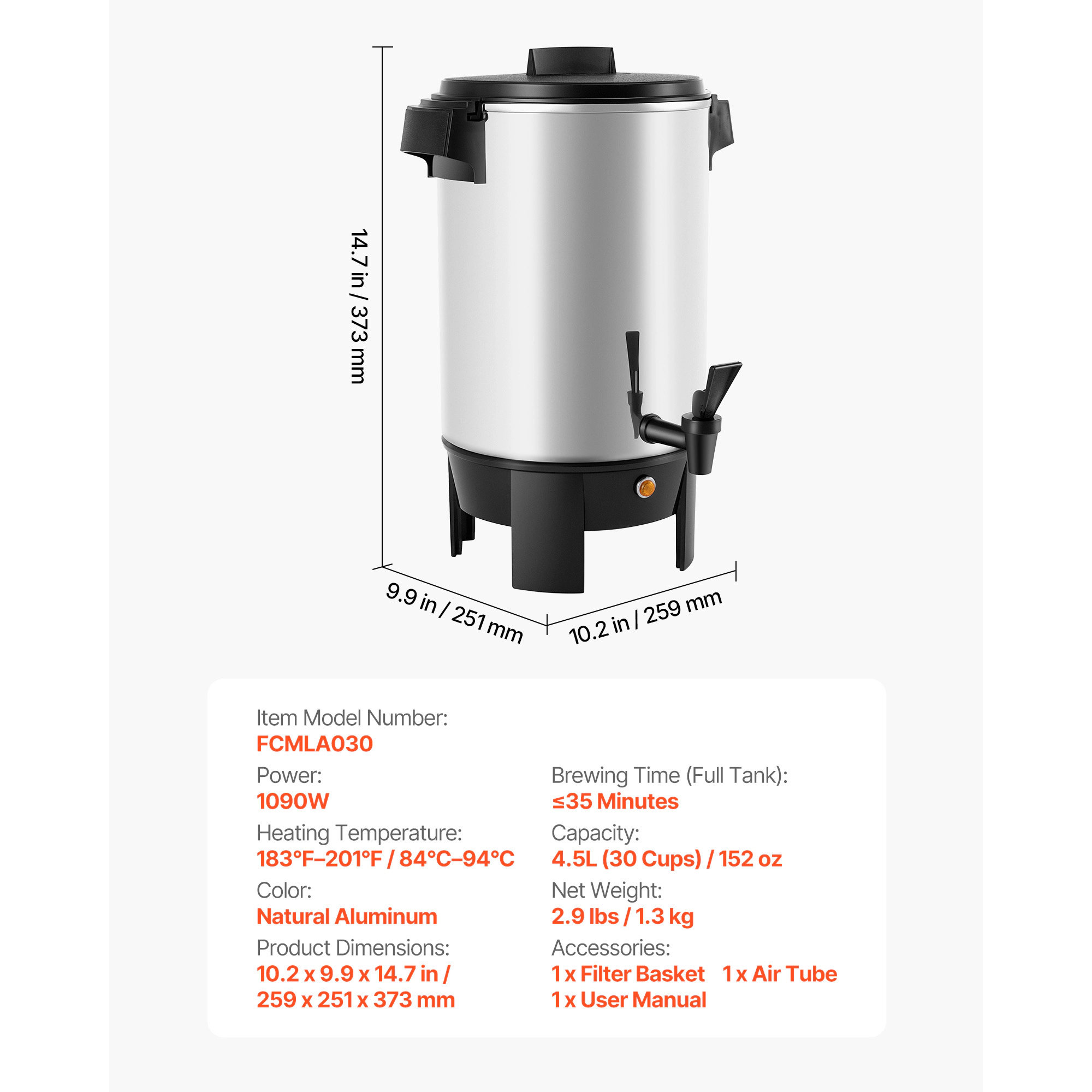 HONGGE Commercial Coffee Urn Hot Beverage Dispenser with Dripless Faucet 1090W Quick-Brewing Coffee Maker Automatic