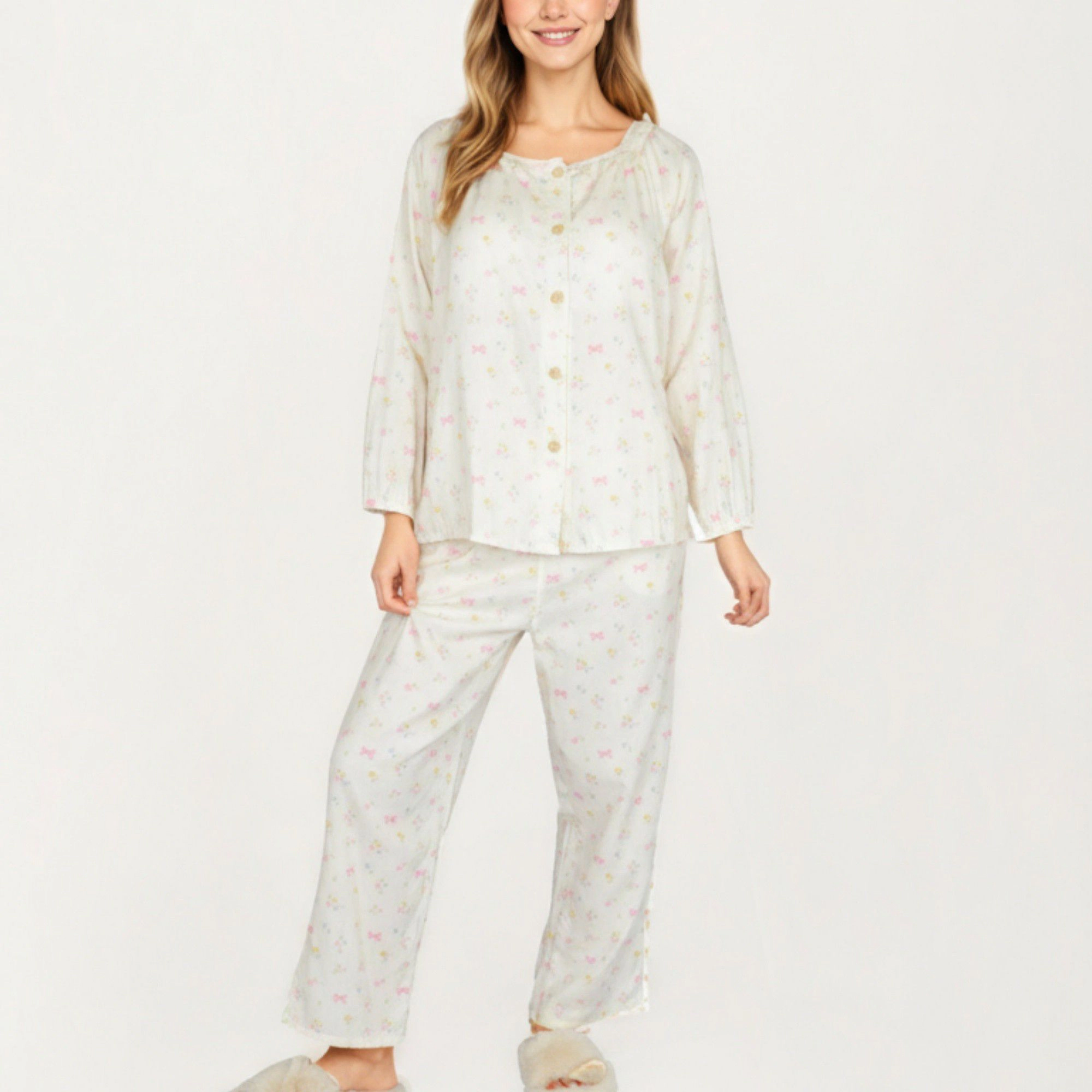 Anna-Kaci Women's 2-Piece Button Front Top with Built-In Chest Pads and Relaxed Pants Pajama Set Floral Print