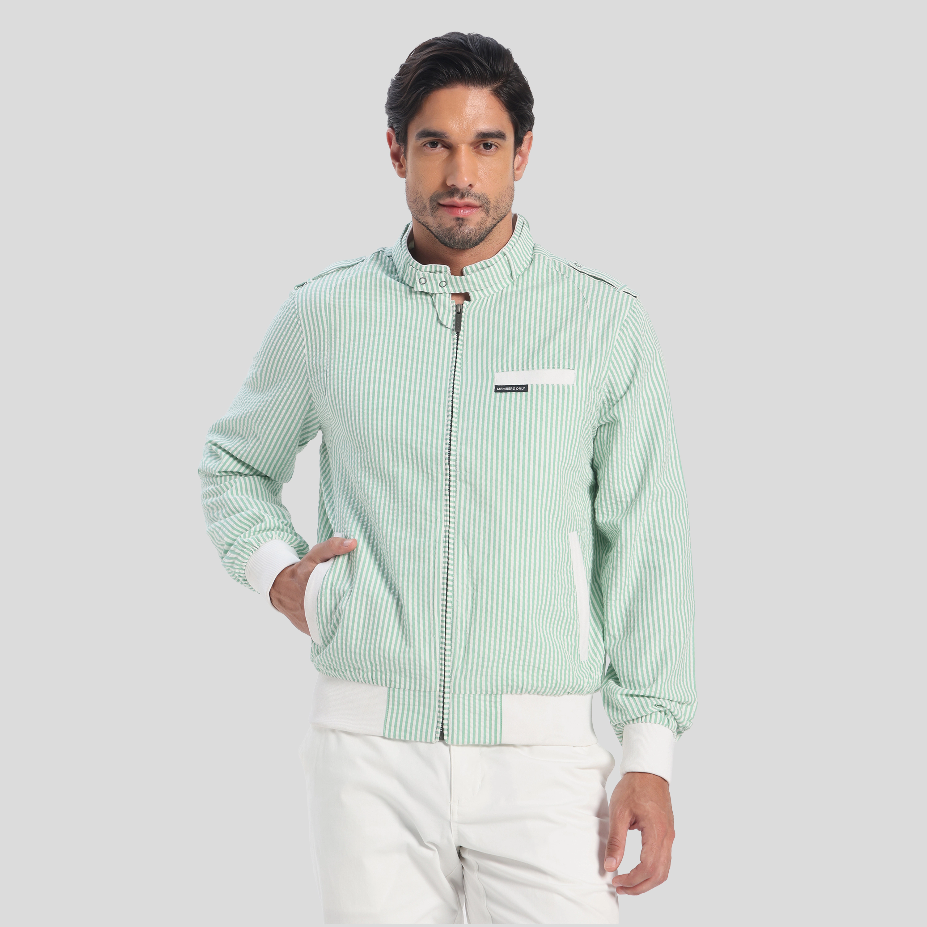Members Only Men's Seersucker Iconic Racer Jacket