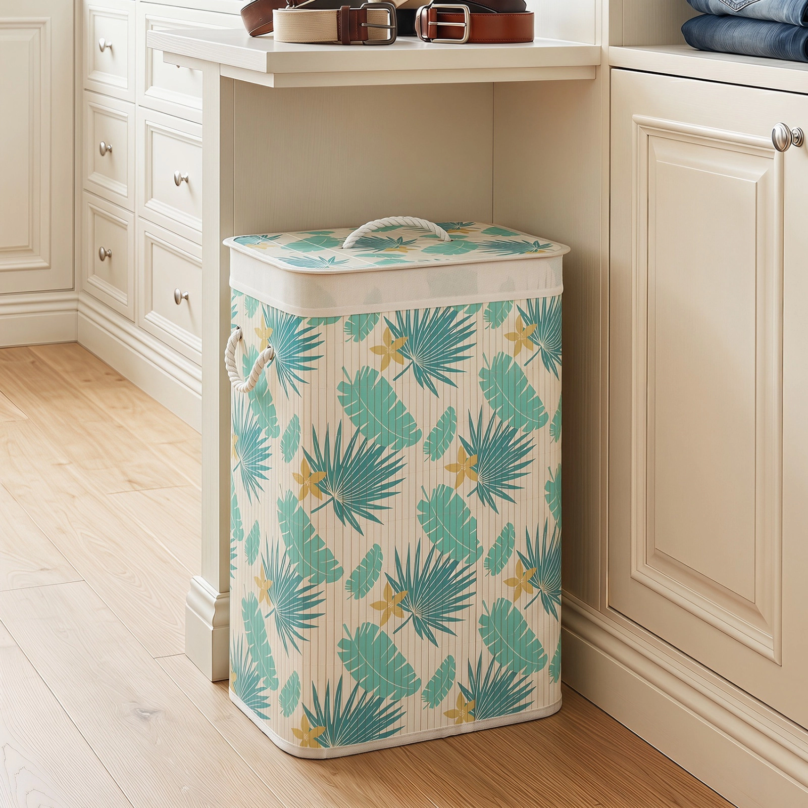 SUGIFT Bamboo Clothes Hamper with Removable Liner 33-lb Capacity Green and White Natural
