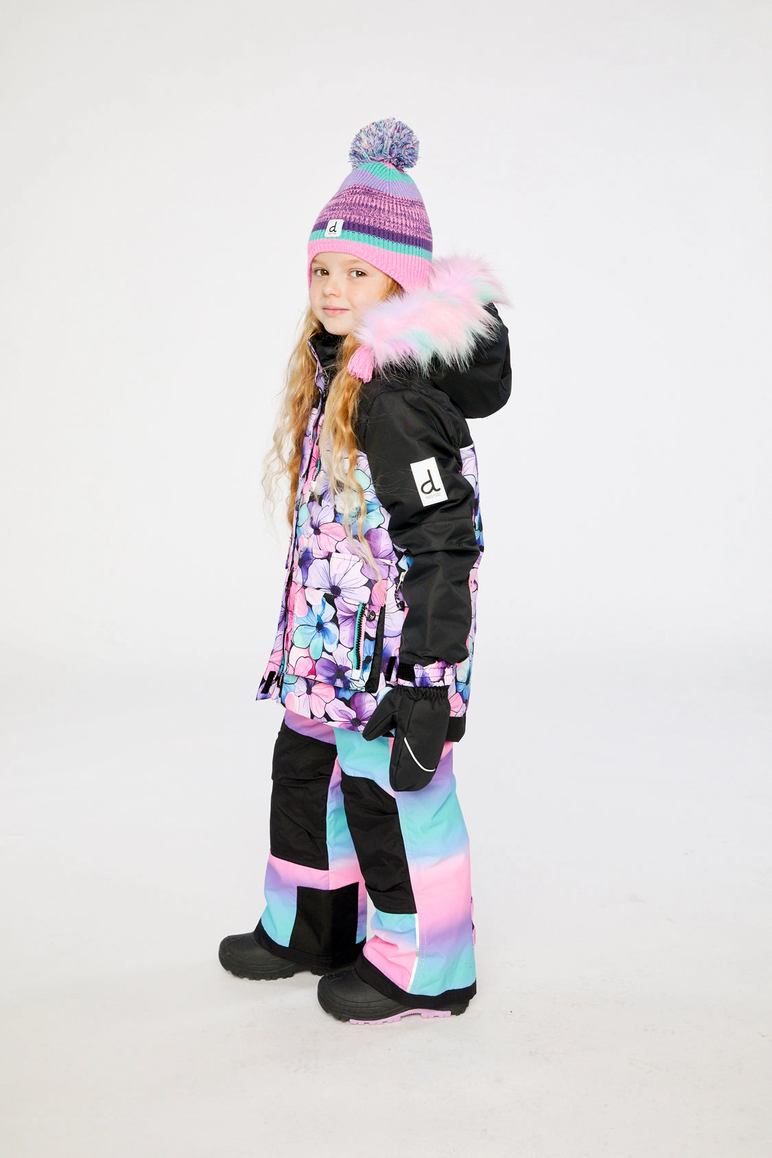 Deux par Girls Floral Print Two Piece Play Snowsuit with Hooded Jacket and Gradient Snow Pants