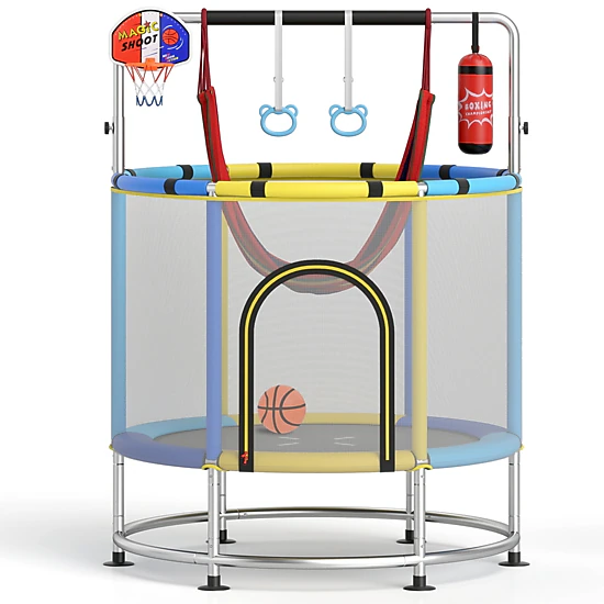 SUGIFT 55-in Kids Trampoline with Gym Bar Basketball Hoop and Accessories 440-lb Capacity Ages 3-6 Multicolor
