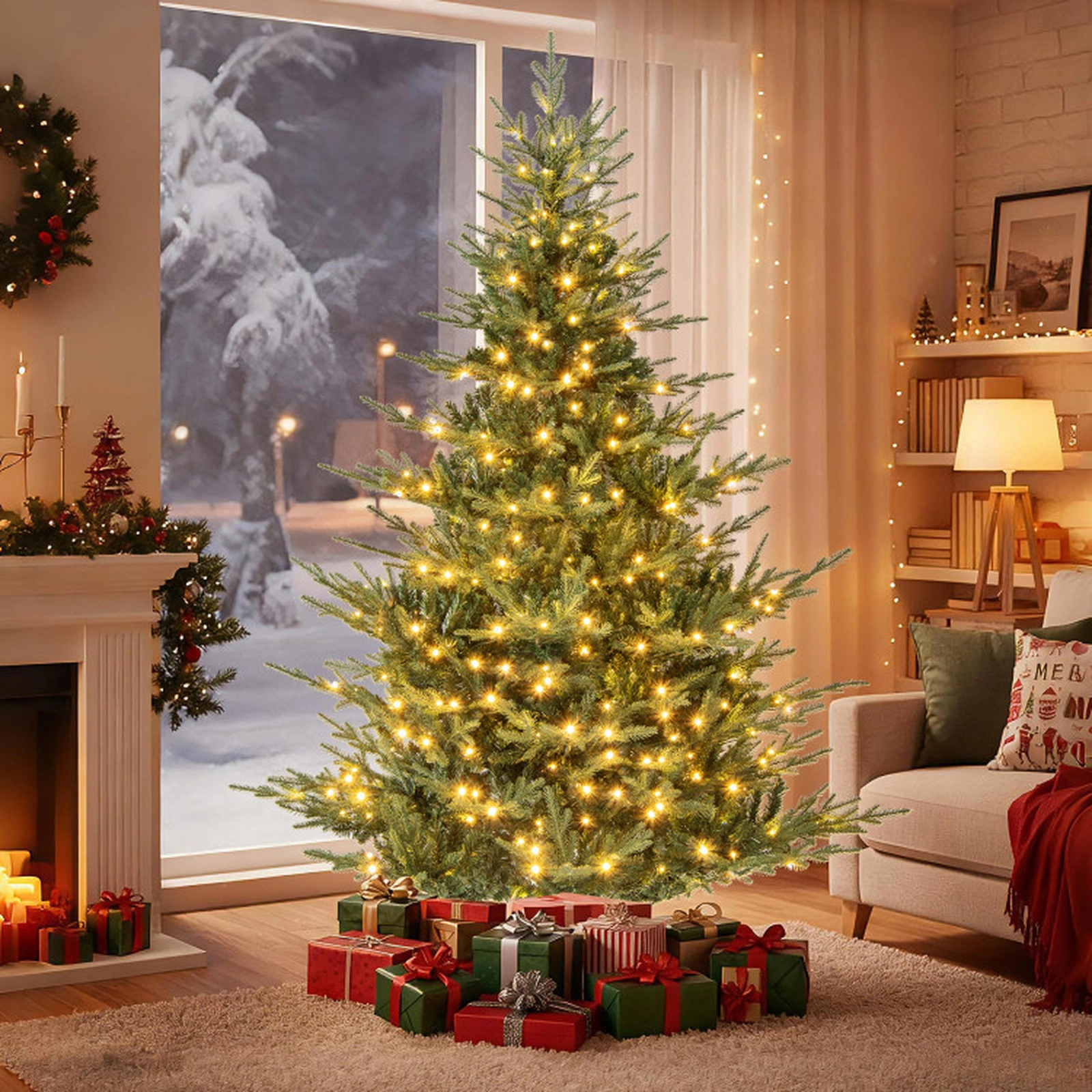 SUGIFT 7-ft Pre-Lit 8 Lighting Modes Hinged Artificial Christmas Tree 1102 Branch Tips 350 Warm White LEDs Green