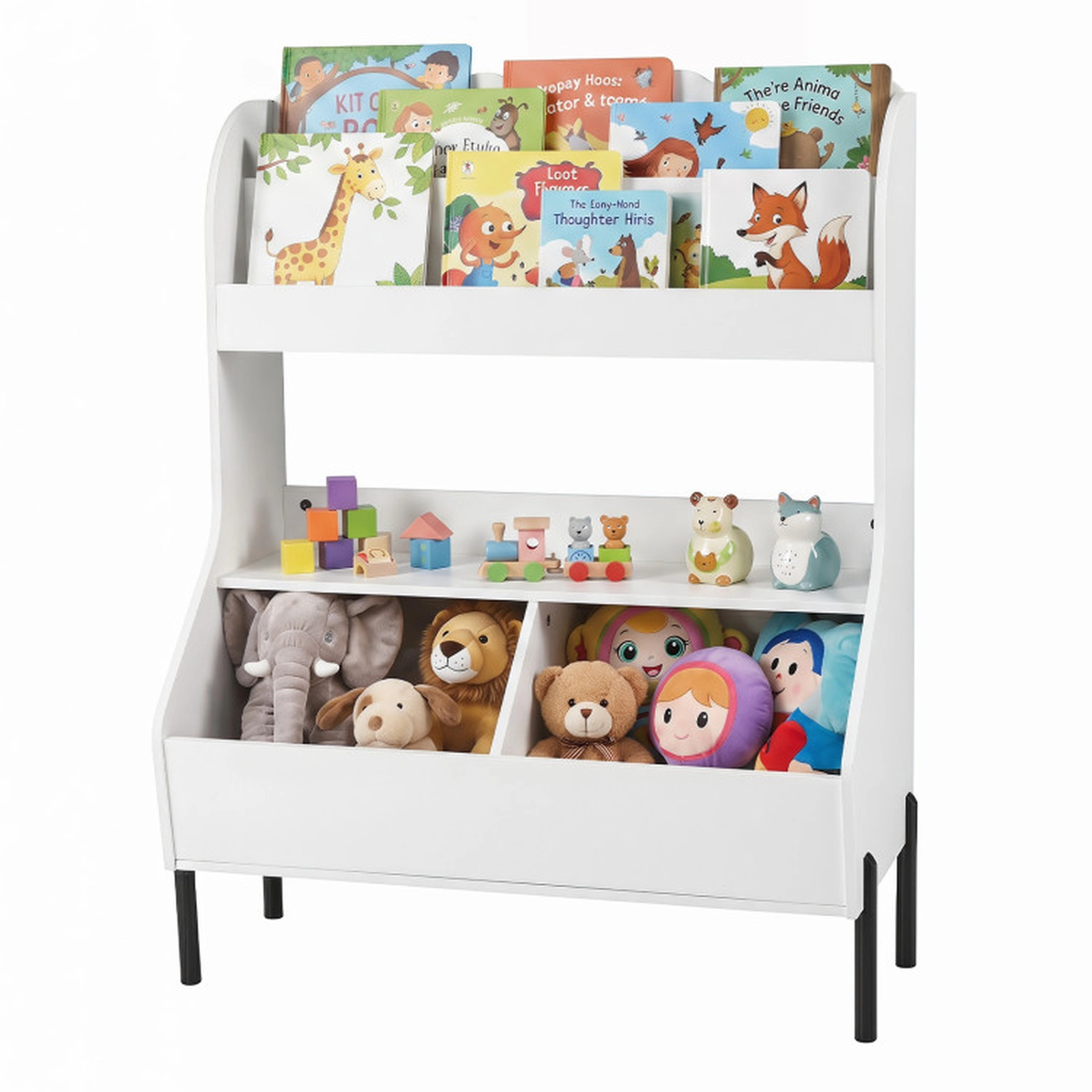 SUGIFT Kids 2-Tier Book Display Open Shelf 2 Storage Bins Metal Legs Wooden Bookshelf 31.5-in x 16-in x 41.5-in White