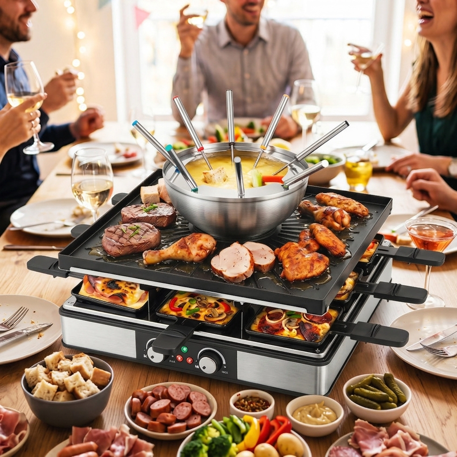 SUGIFT Black 1800W Raclette Table Grill for 8 with Fondue Pot Set Dual Thermostats and 26 Accessories