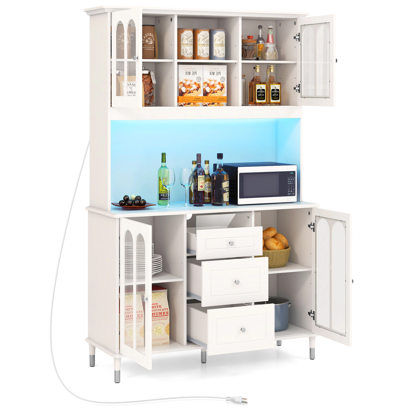 Glintex 73-Inch Pantry Cabinet with LED Lighting and Charging Station, White