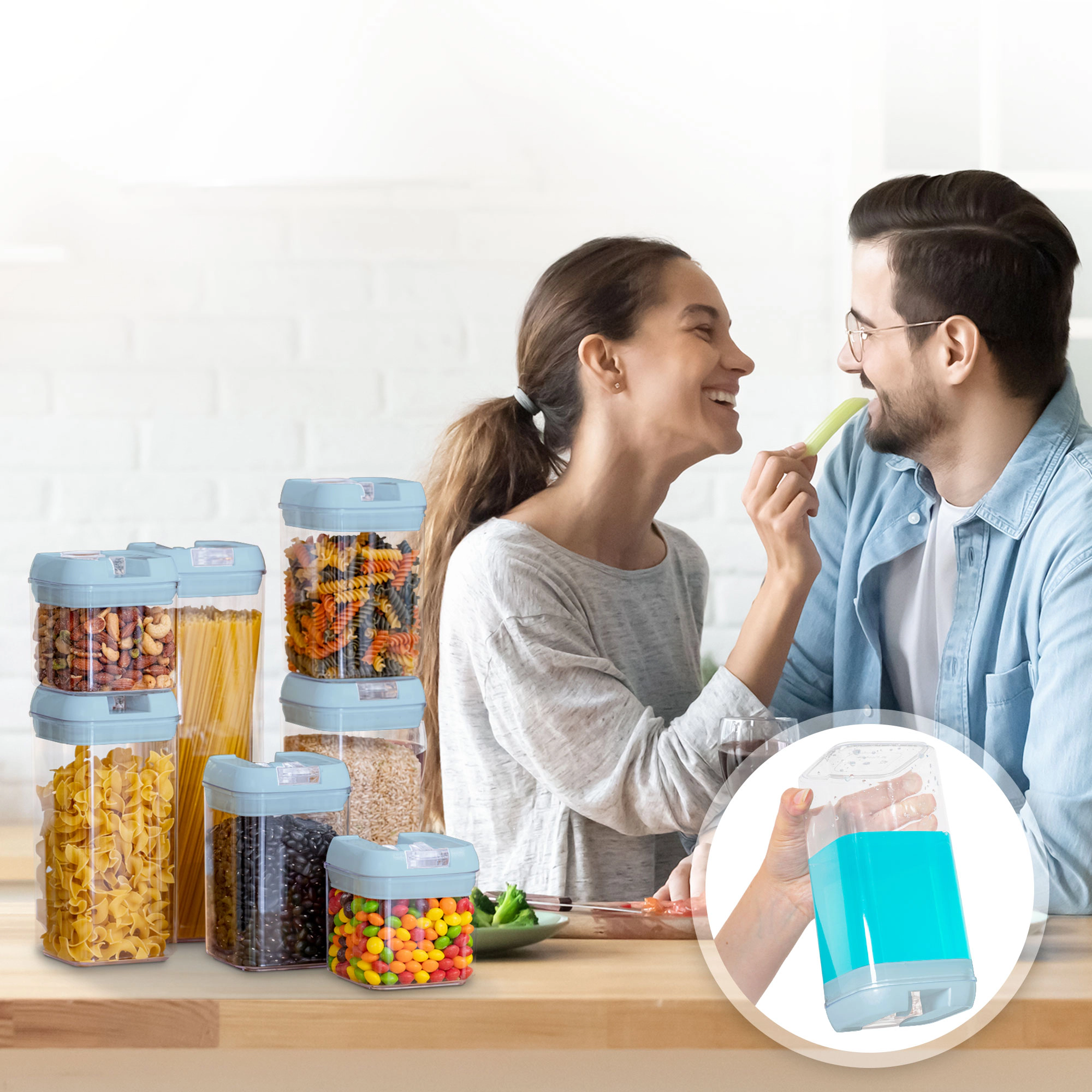 Cheer Collection 7-Piece Blue Airtight Pantry Food Storage Container Set with Labels