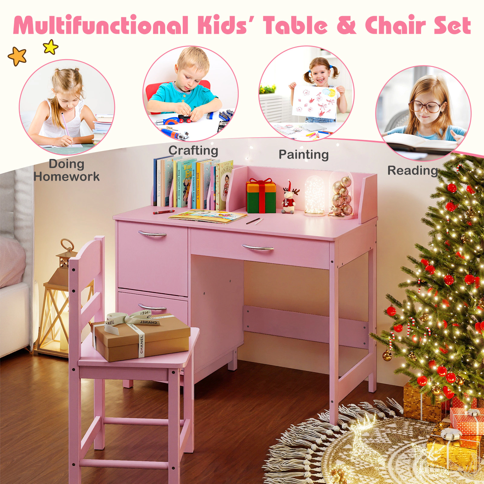 SUGIFT Pink 4 Book Sorters and Drawer Wooden Kids Study Desk and Chair Set