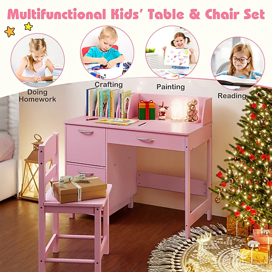 SUGIFT Pink 4 Book Sorters and Drawer Wooden Kids Study Desk and Chair Set