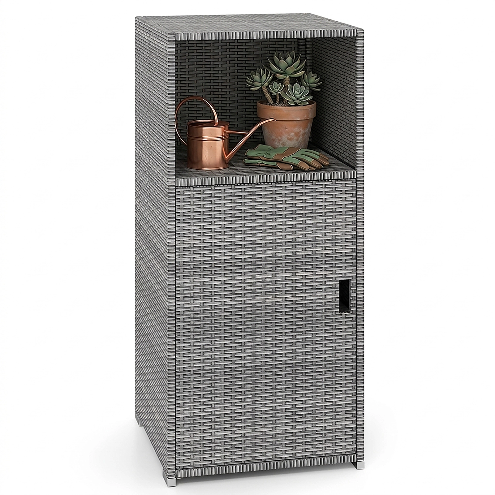 SUGIFT Gray Hand-Woven PE Rattan Outdoor Storage Cabinet with Door Open Compartment and 66-lb Tiers