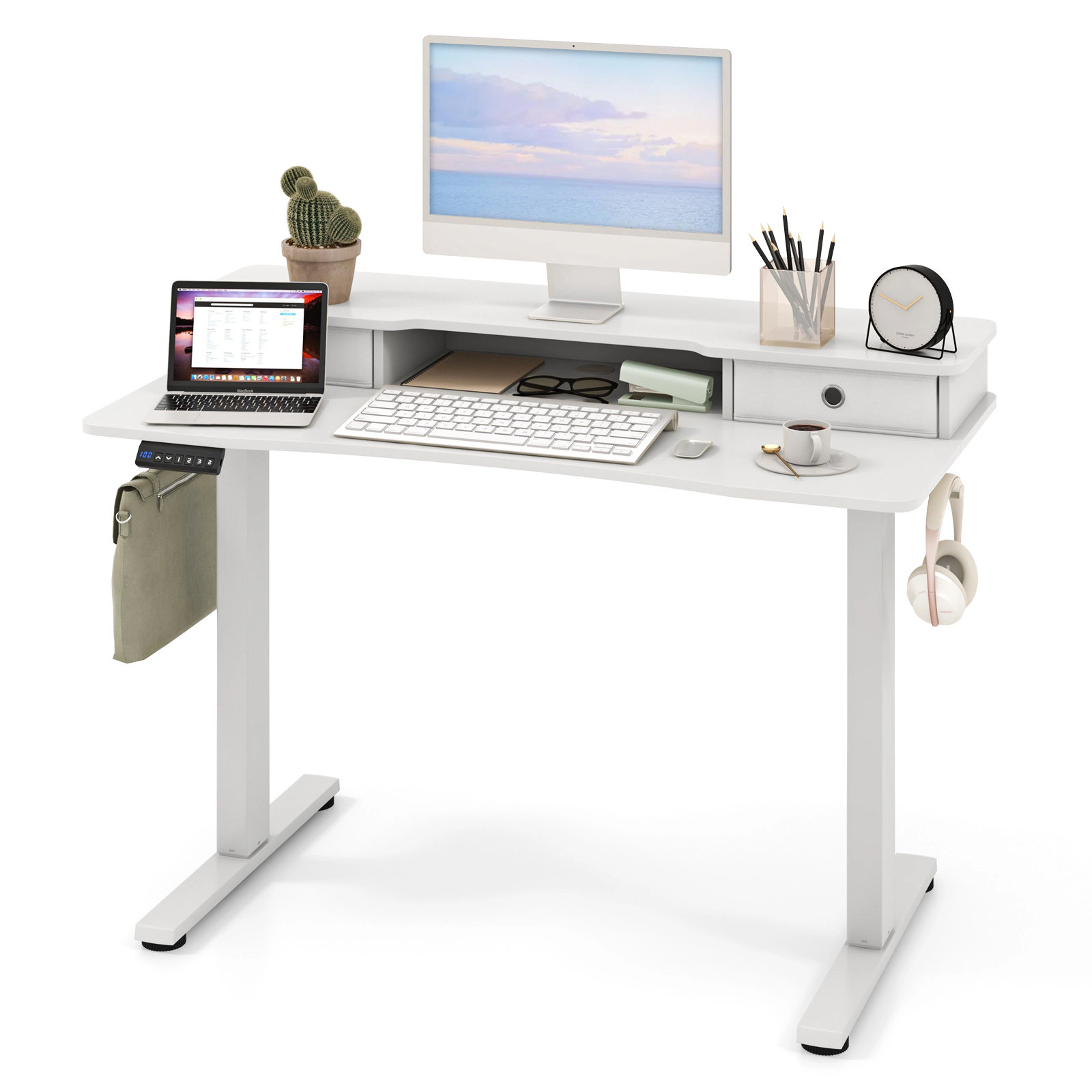 SUGIFT 48 x 24 in Height Adjustable Electric Standing Desk with Monitor Shelf and 2 Drawers 200-Lb Capacity White