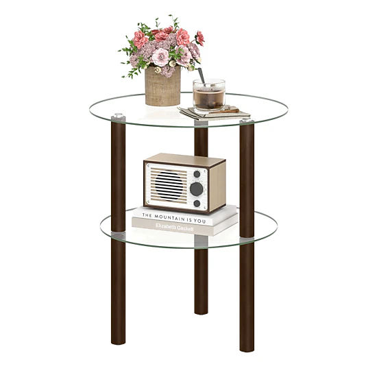 Glintex Round 2-Tier Clear Glass End Table with Rubber Wood Legs and No-Tool Setup