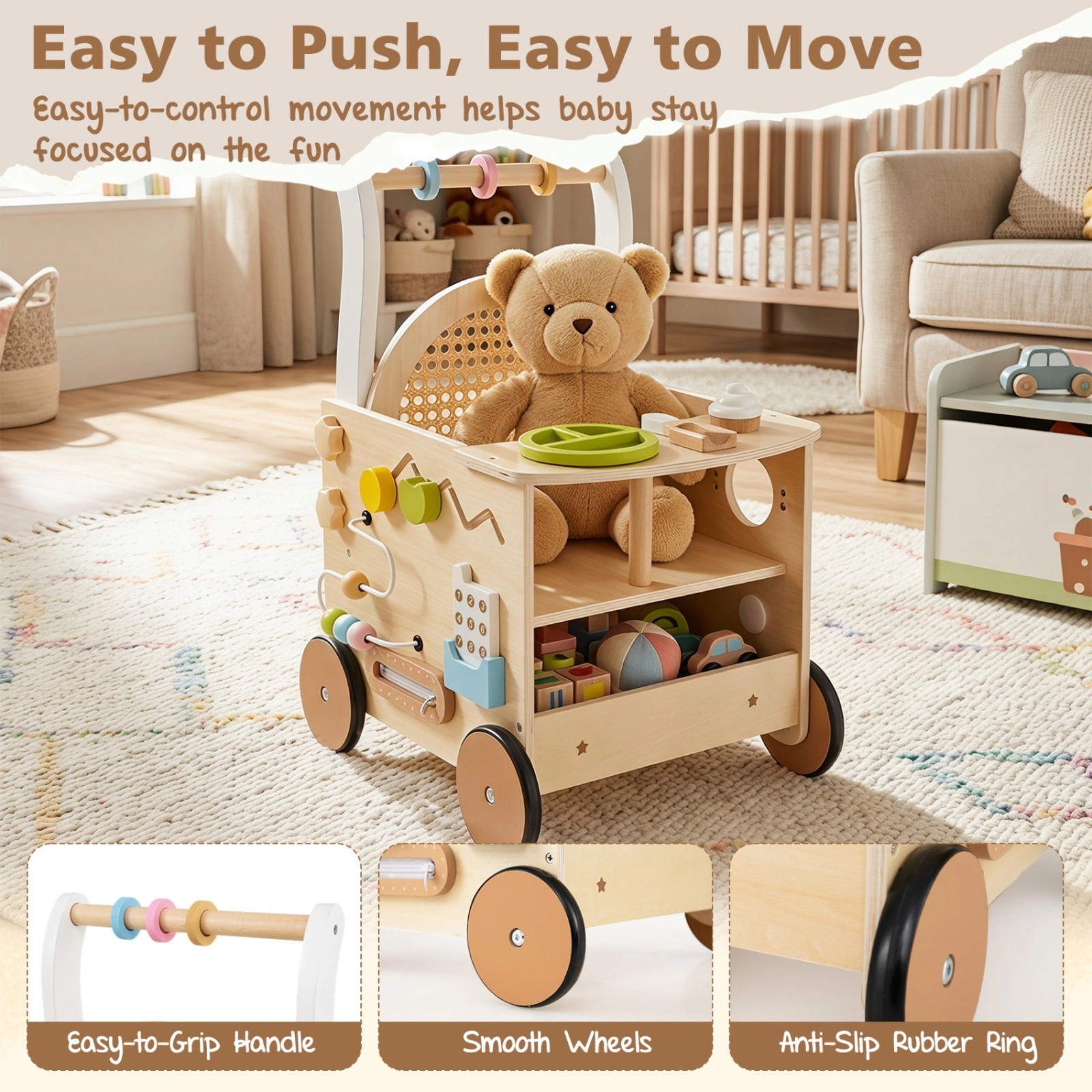 13-in-1 Toddler Wooden Push Walker with Doll Seat Pretend Ice Cream Set Bead Maze Turntable Mirror Natural
