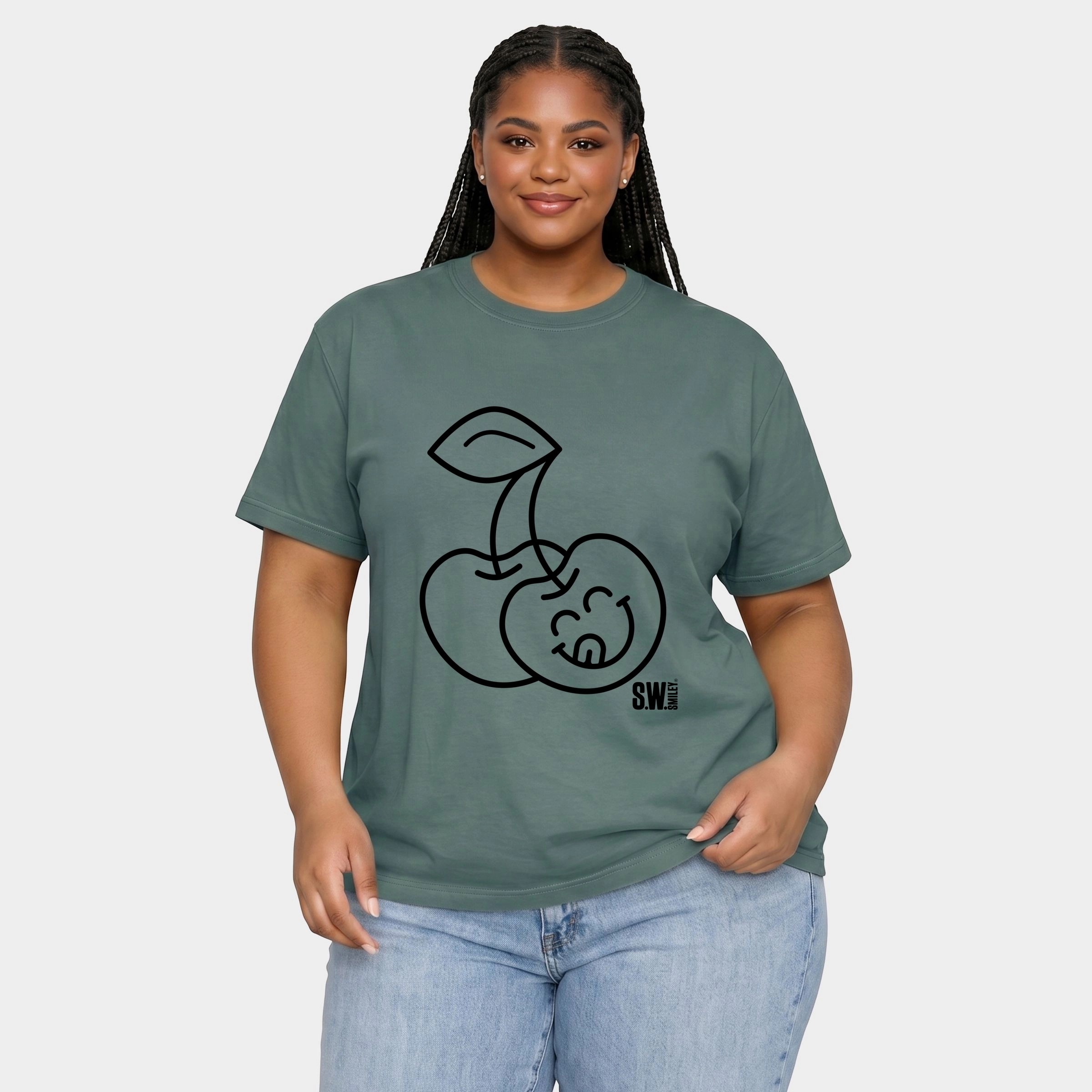 Simply Sage Market - Women's Plus Sized Garment Dyed Graphic T-Shirt S.W.Smiley Cherry Face Outline