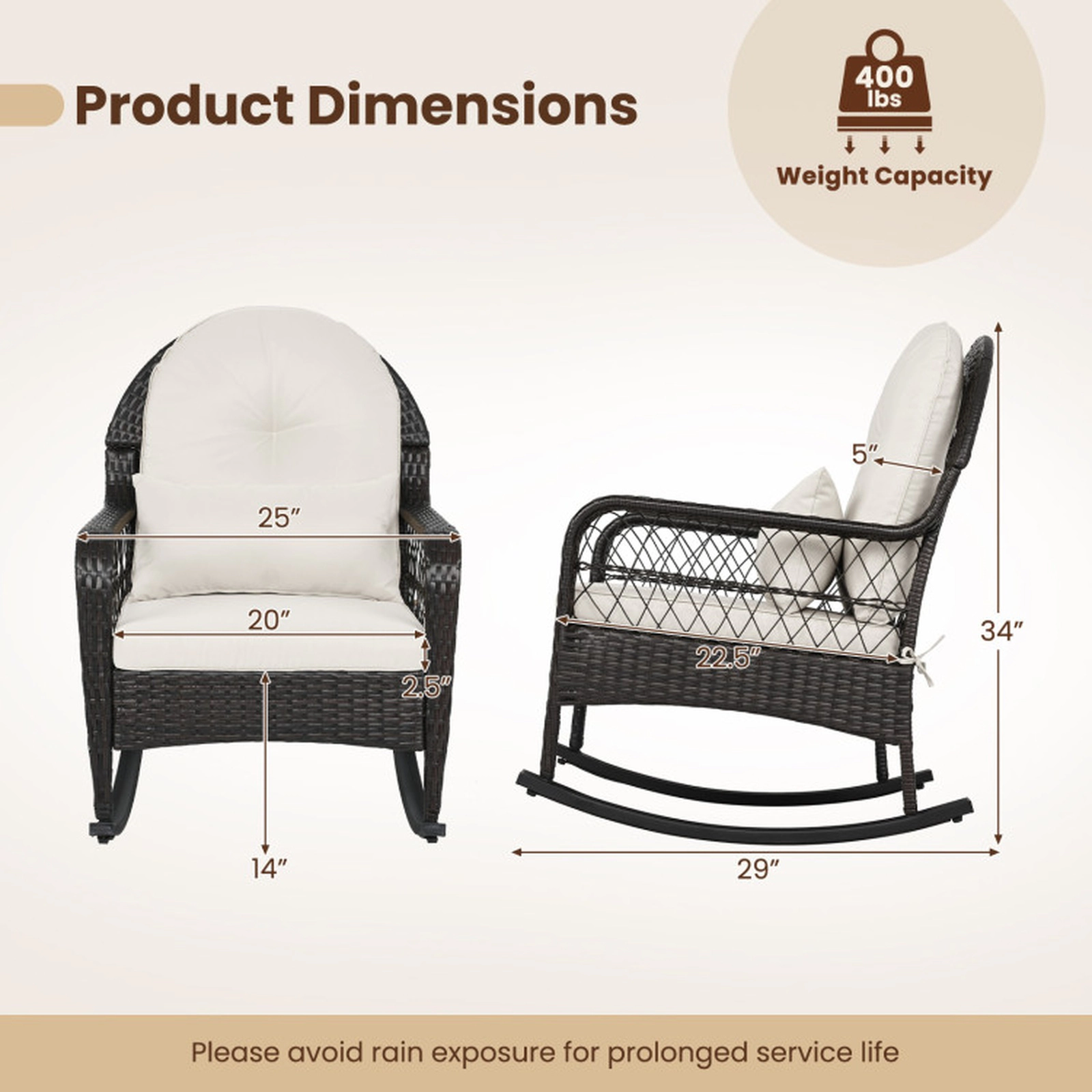 SUGIFT Outdoor PE Wicker Rocking Chair Anti-Tip Stoppers Lumbar Pillow Cushions 400-lb Capacity 25 x 29 x 34-in White