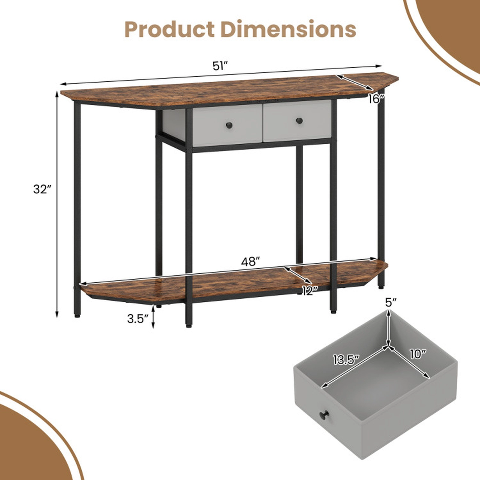 SUGIFT Polygonal Console Table with 2 Drawers and Open Storage Shelf 110-lb Tabletop Capacity Rustic Brown Black Gray