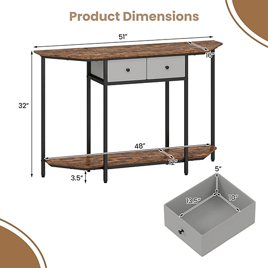 SUGIFT Polygonal Console Table with 2 Drawers and Open Storage Shelf 110-lb Tabletop Capacity Rustic Brown Black Gray