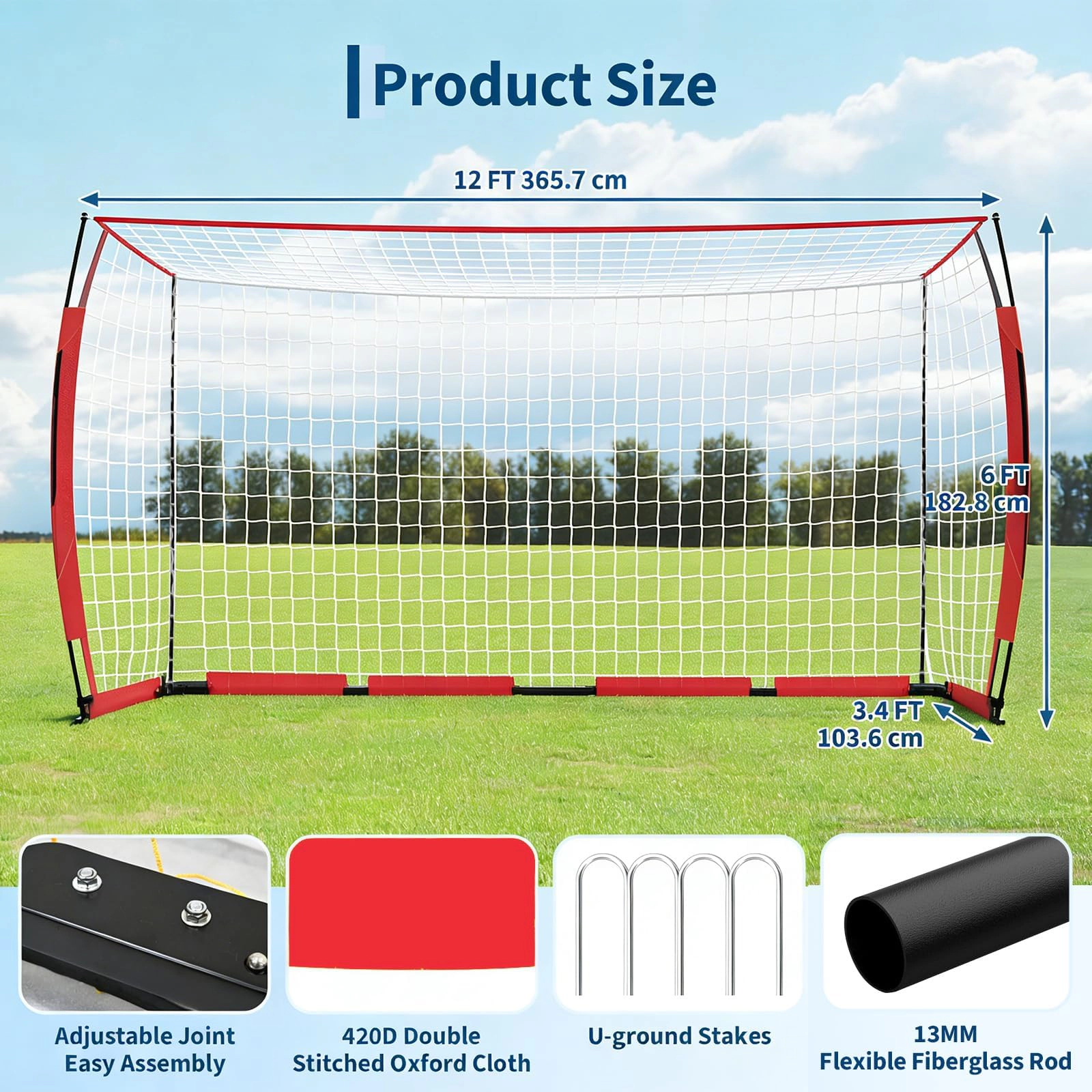 12x6 FT Soccer Goal with Rebounder Net, Portable Training Goal, Iron Frame PE Net & Ground Stakes